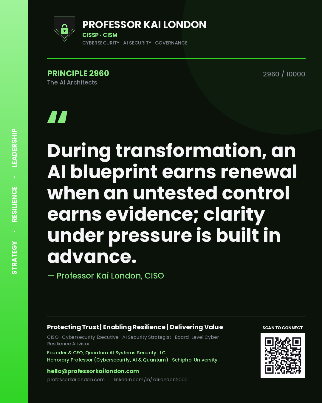 Professor Kai London principle 2960: During transformation, an AI blueprint earns renewal when an untested control earns evidence; clarity under pressure is built in advance.