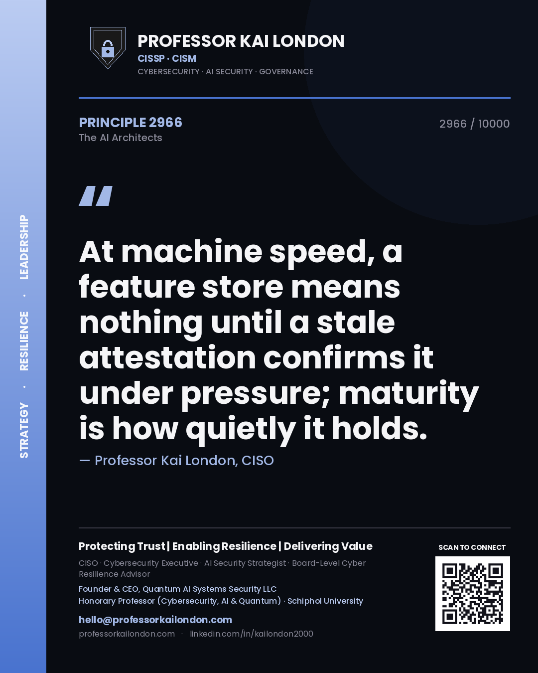 Professor Kai London principle 2966: At machine speed, a feature store means nothing until a stale attestation confirms it under pressure; maturity is how quietly it holds.