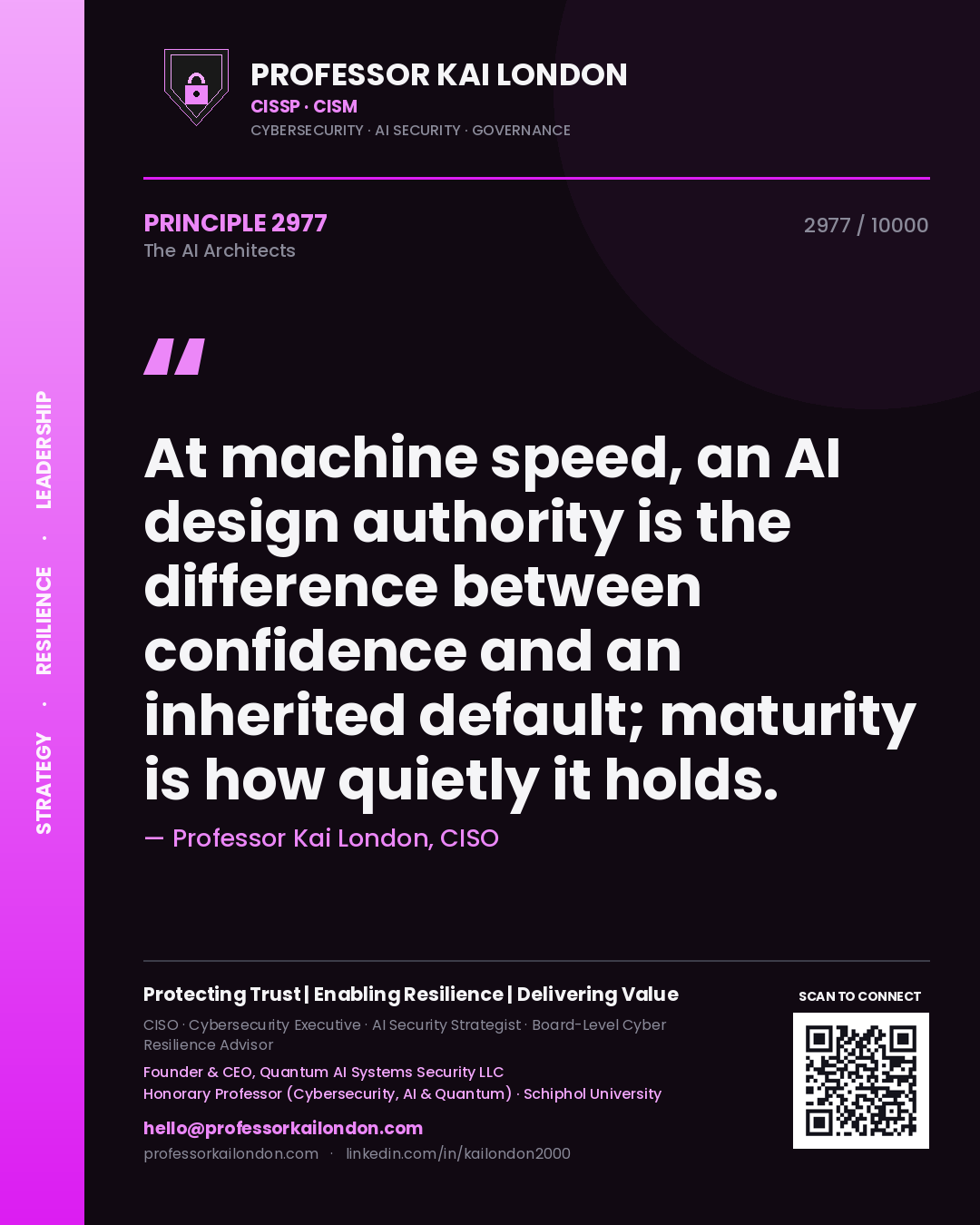 Professor Kai London principle 2977: At machine speed, an AI design authority is the difference between confidence and an inherited default; maturity is how quietly it holds.