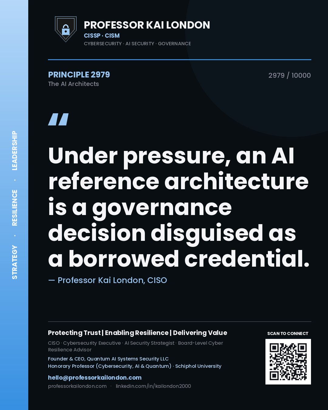 Quote card by Professor Kai London reading 'Under pressure, an AI reference architecture is a governance decision disguised as a borrowed credential.'. From the book The AI Architects.