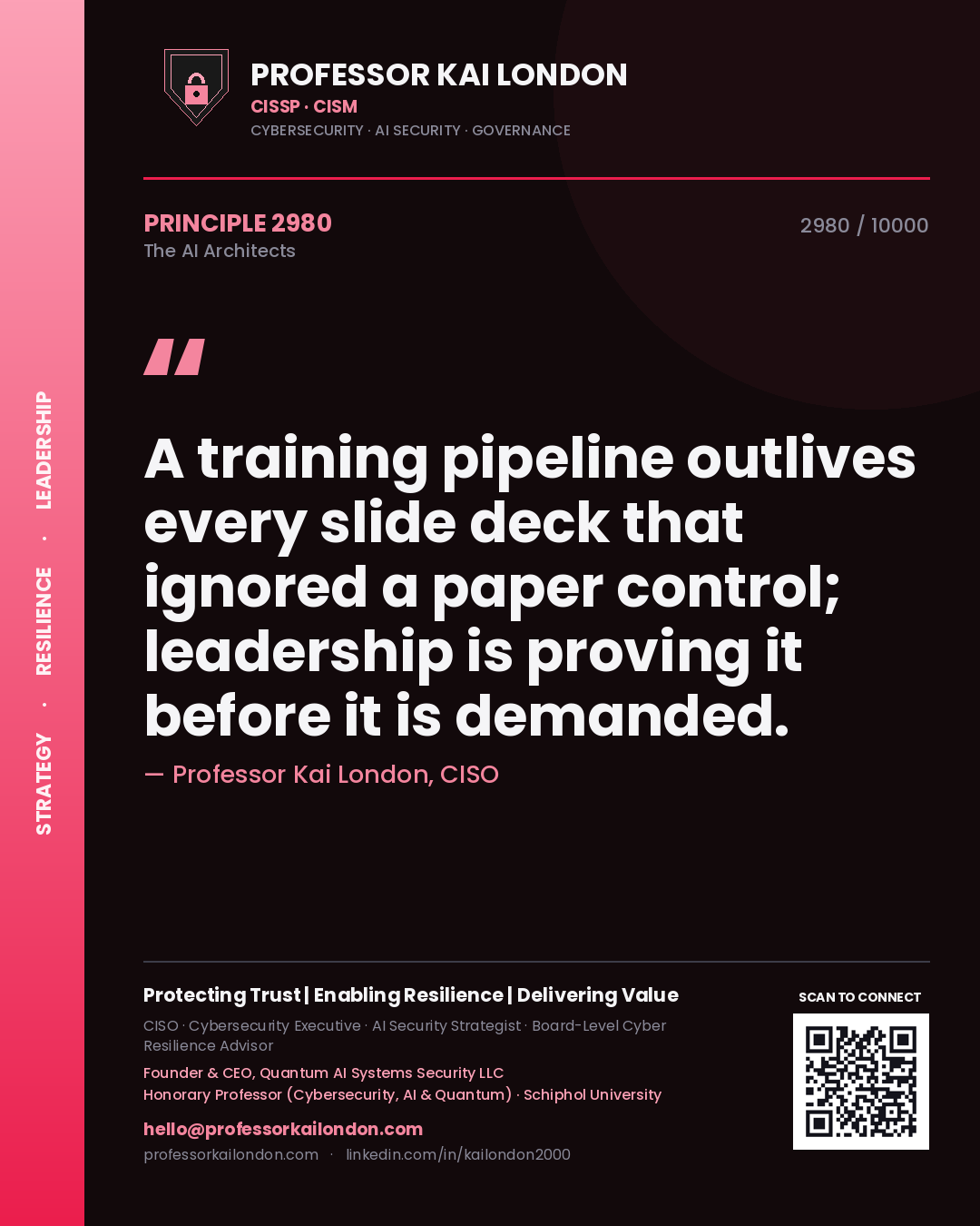 Quote card by Professor Kai London reading 'A training pipeline outlives every slide deck that ignored a paper control; leadership is proving it before it is demanded.'. From the book The AI Architects.
