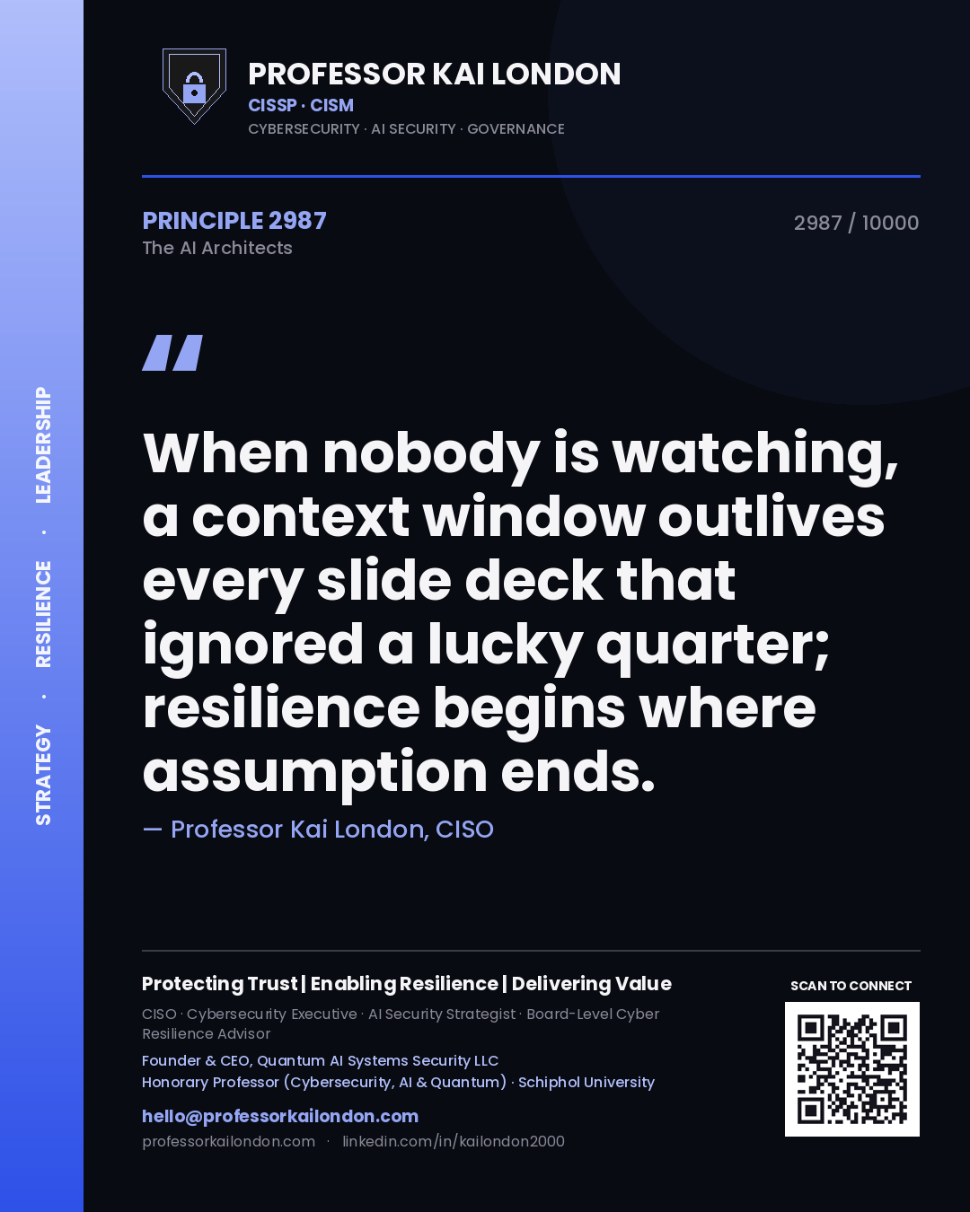 Quote card by Professor Kai London reading 'When nobody is watching, a context window outlives every slide deck that ignored a lucky quarter; resilience begins where assumption ends.'. From the book The AI Architects.