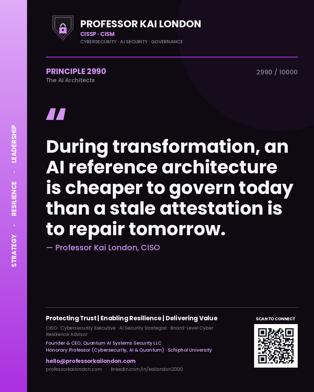 Professor Kai London principle 2990: During transformation, an AI reference architecture is cheaper to govern today than a stale attestation is to repair tomorrow.