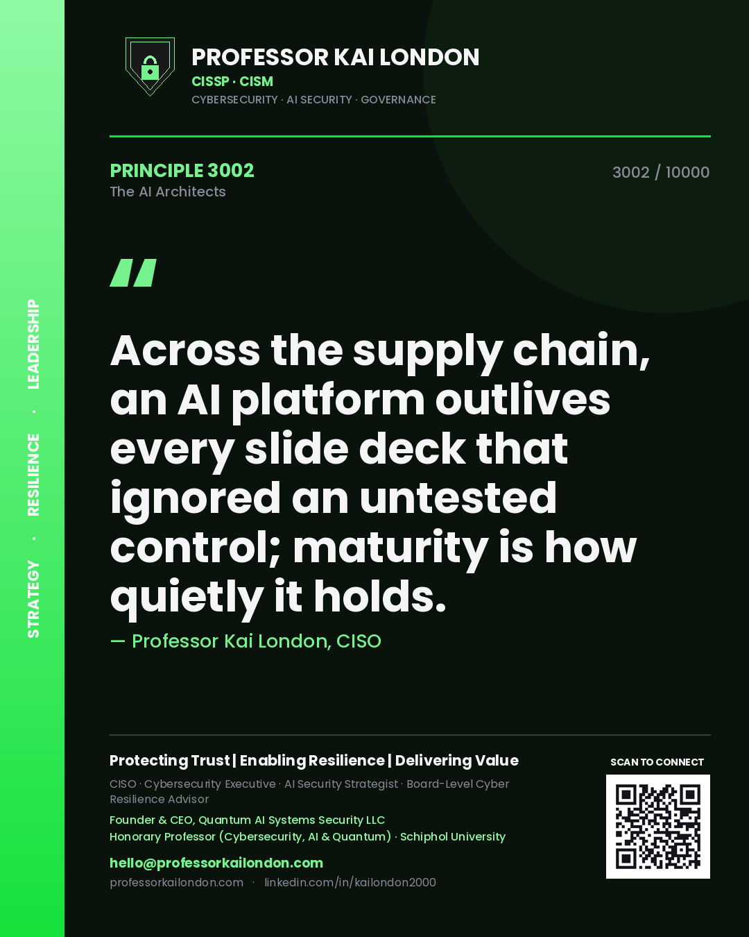 Quote card by Professor Kai London reading 'Across the supply chain, an AI platform outlives every slide deck that ignored an untested control; maturity is how quietly it holds.'. From the book The AI Architects.