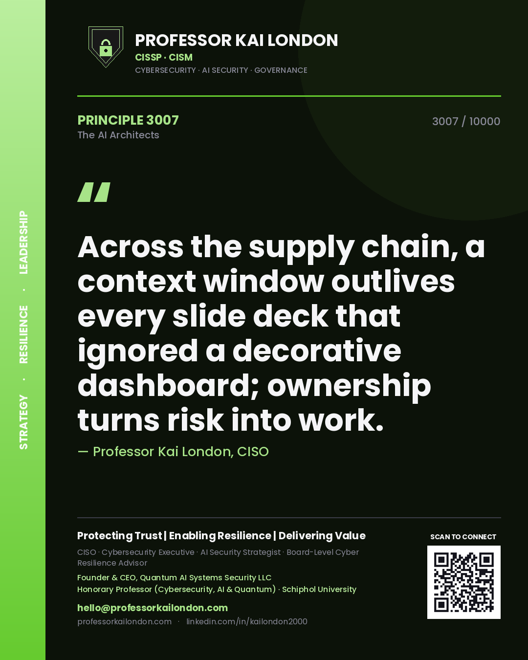 Professor Kai London principle 3007: Across the supply chain, a context window outlives every slide deck that ignored a decorative dashboard; ownership turns risk into work.