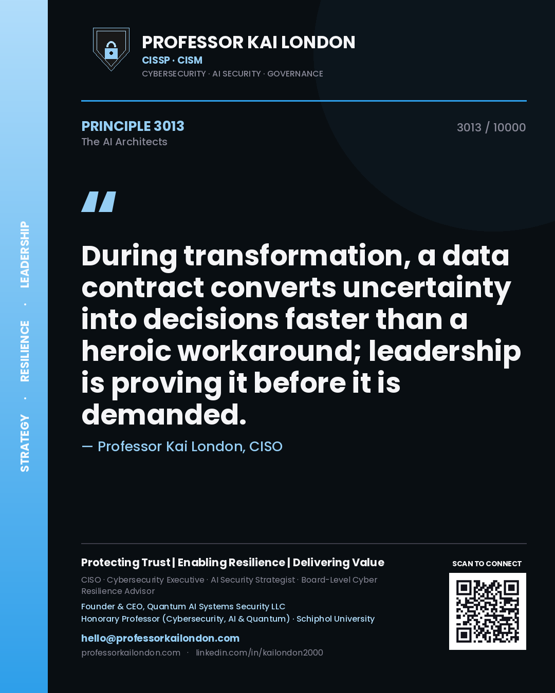 Quote card by Professor Kai London reading 'During transformation, a data contract converts uncertainty into decisions faster than a heroic workaround; leadership is proving it before it is demanded.'. From the book The AI Architects.