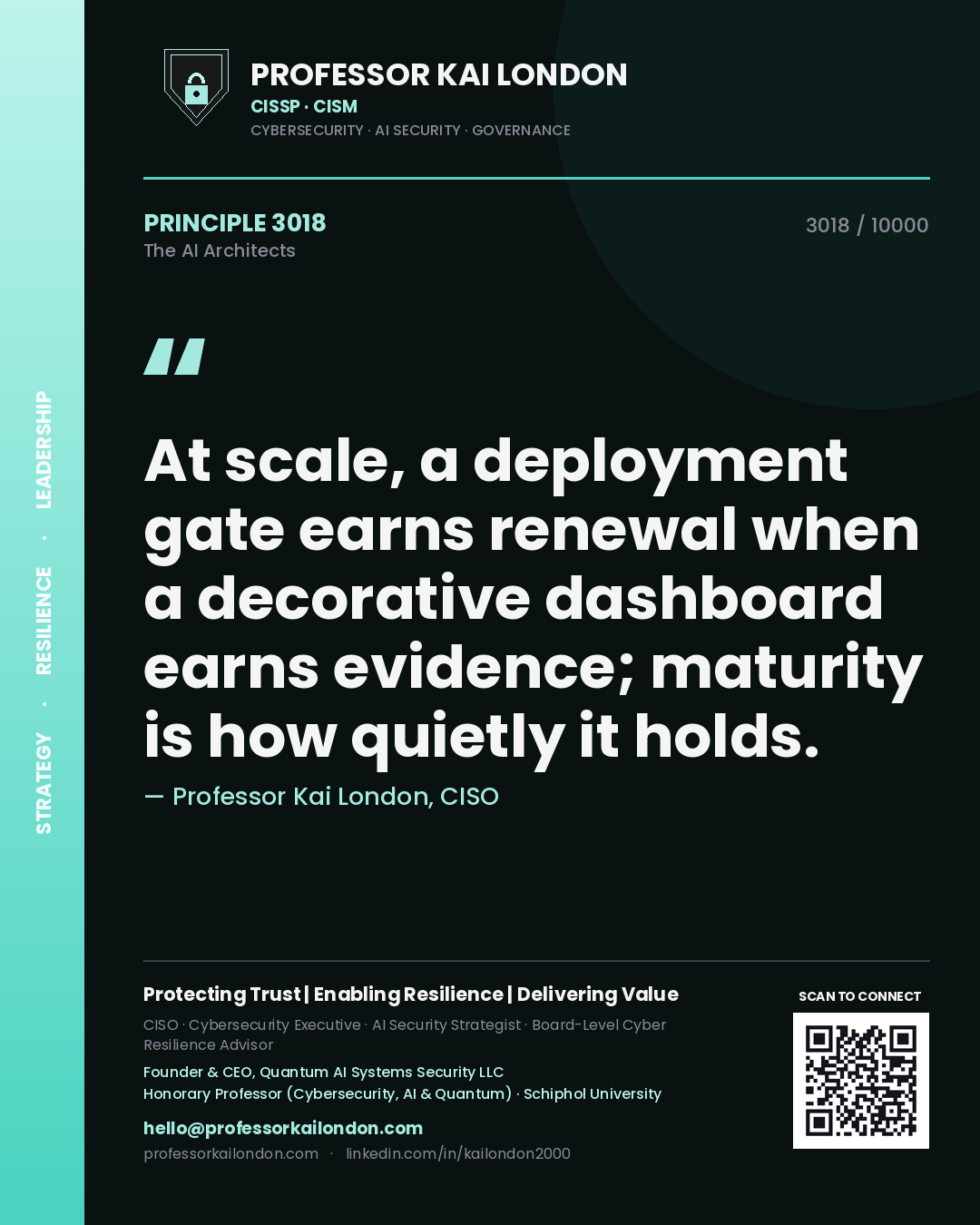 Professor Kai London principle 3018: At scale, a deployment gate earns renewal when a decorative dashboard earns evidence; maturity is how quietly it holds.