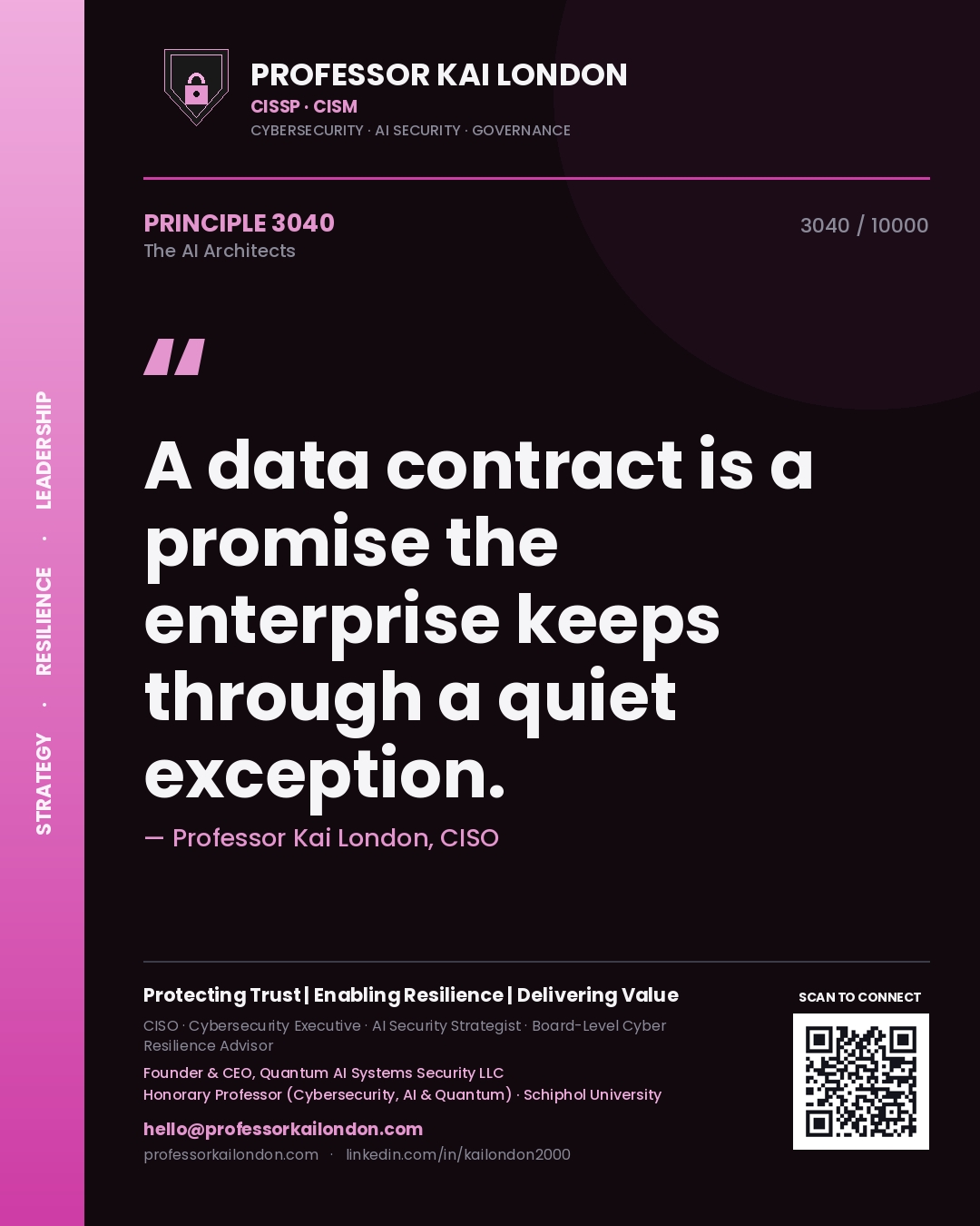 Professor Kai London principle 3040: A data contract is a promise the enterprise keeps through a quiet exception.