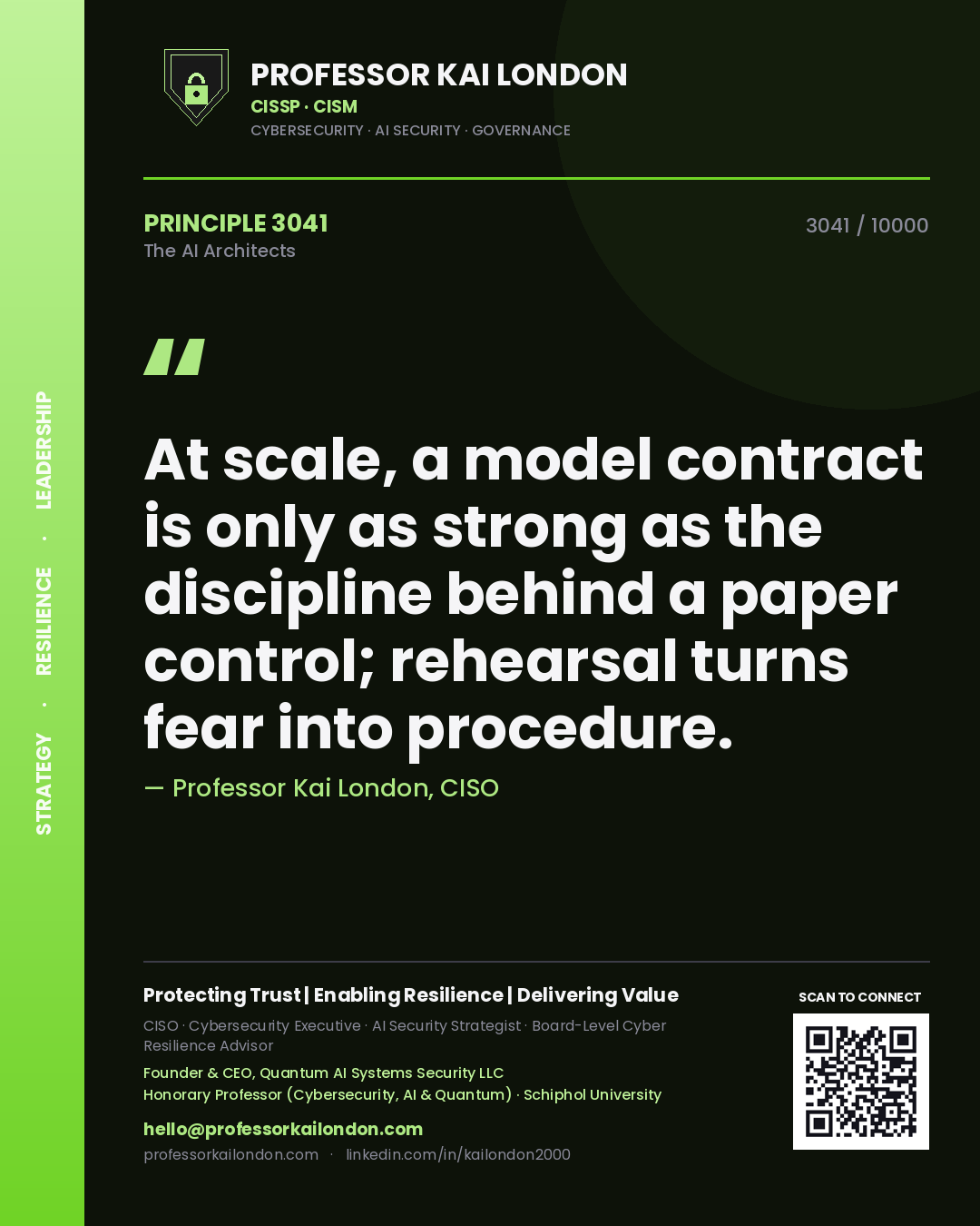 Quote card by Professor Kai London reading 'At scale, a model contract is only as strong as the discipline behind a paper control; rehearsal turns fear into procedure.'. From the book The AI Architects.