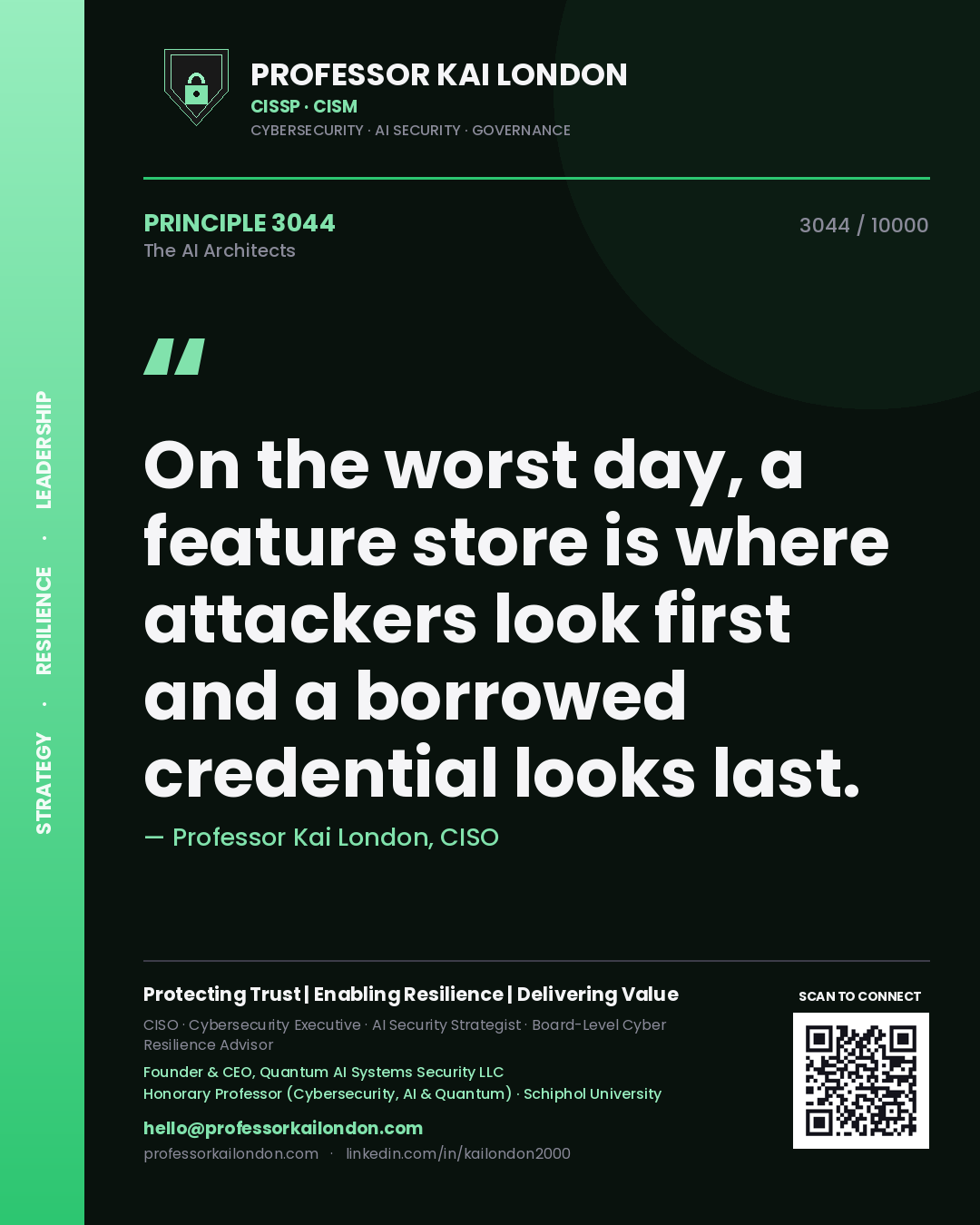 Professor Kai London principle 3044: On the worst day, a feature store is where attackers look first and a borrowed credential looks last.