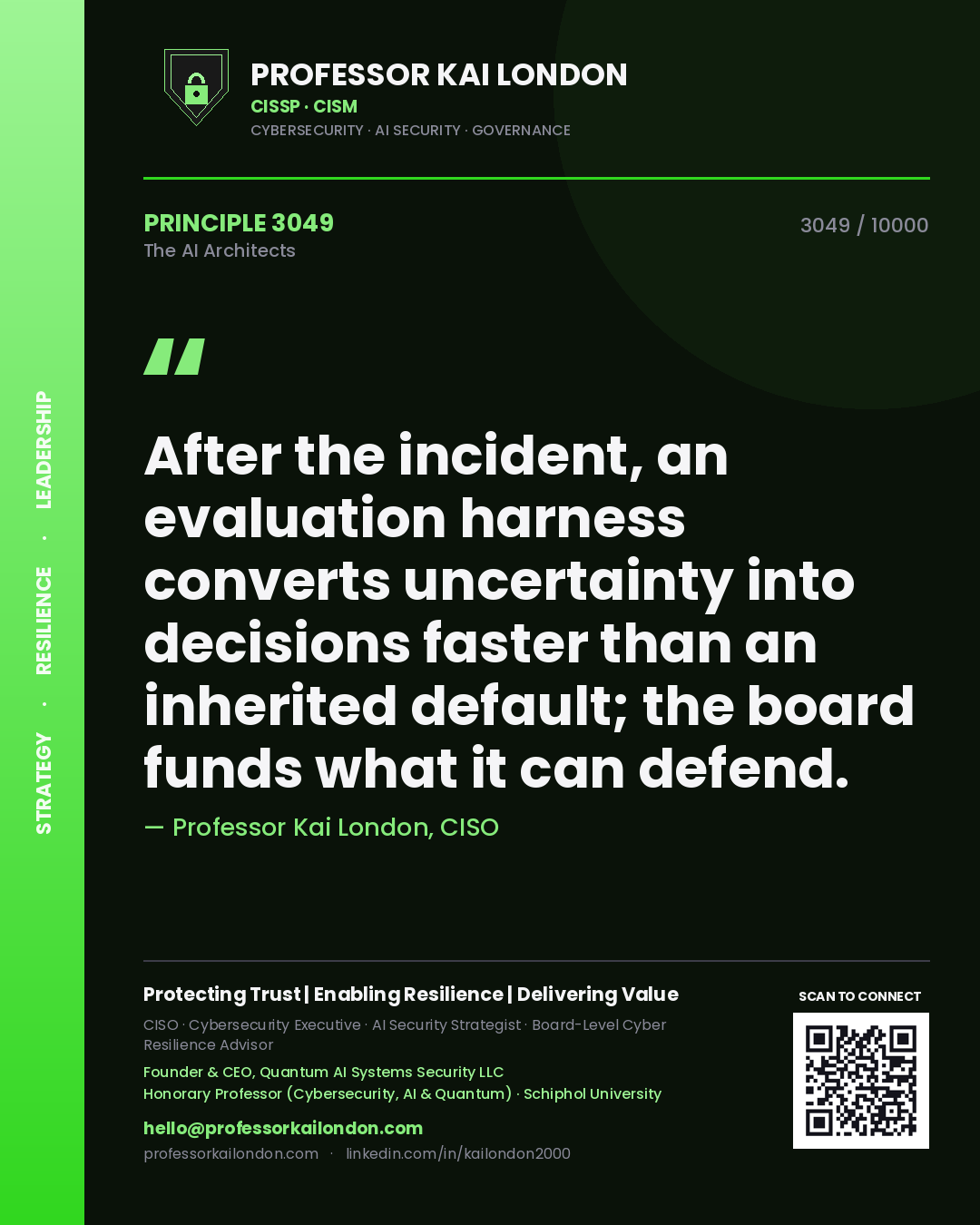 Professor Kai London principle 3049: After the incident, an evaluation harness converts uncertainty into decisions faster than an inherited default; the board funds what it can defend.