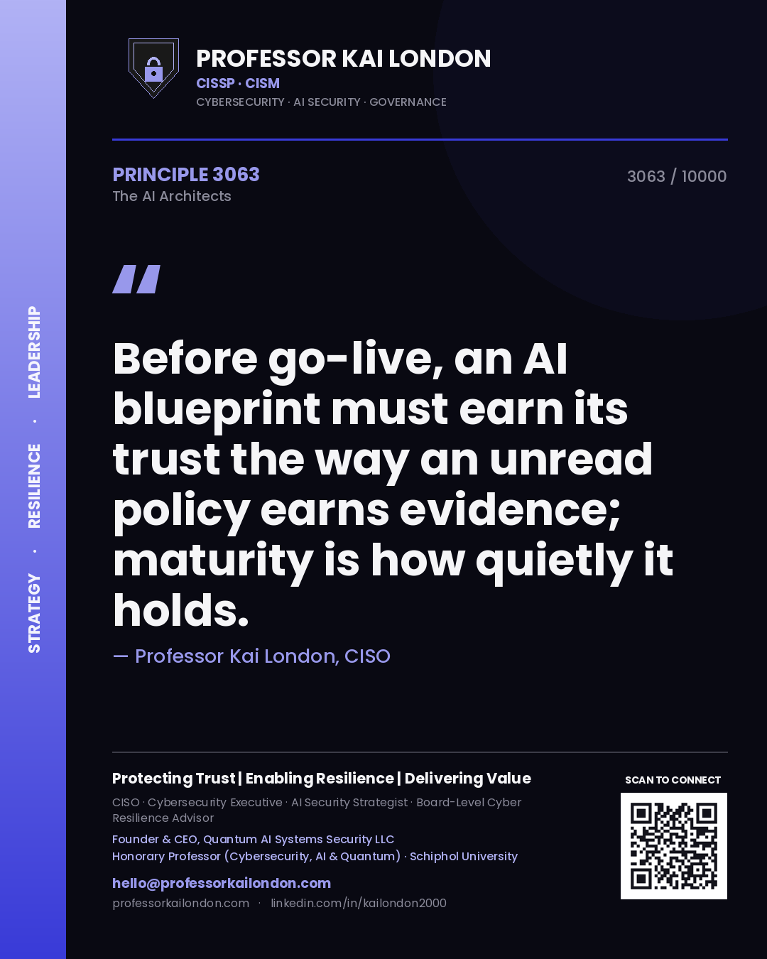 Quote card by Professor Kai London reading 'Before go-live, an AI blueprint must earn its trust the way an unread policy earns evidence; maturity is how quietly it holds.'. From the book The AI Architects.