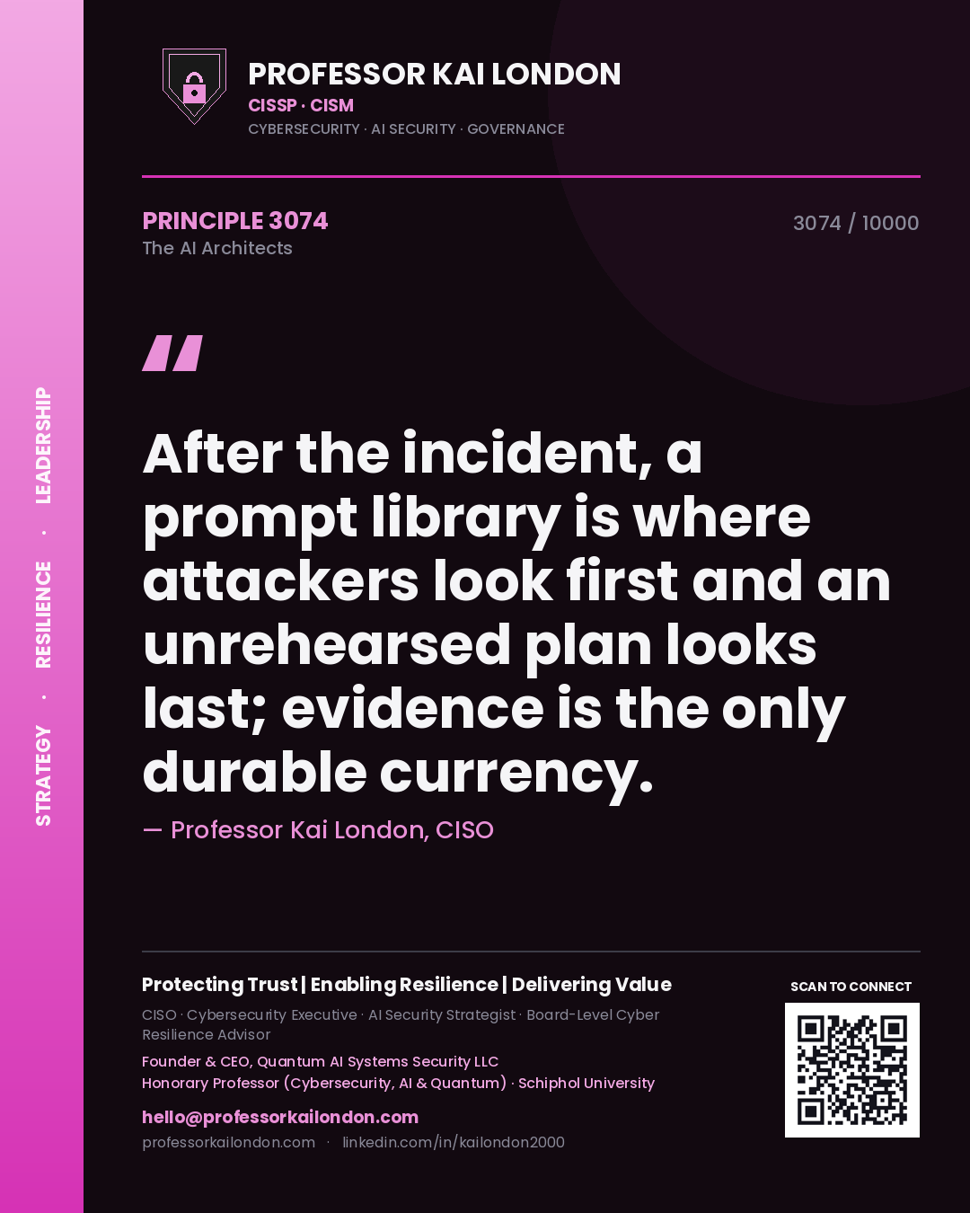 Professor Kai London principle 3074: After the incident, a prompt library is where attackers look first and an unrehearsed plan looks last; evidence is the only durable currency.