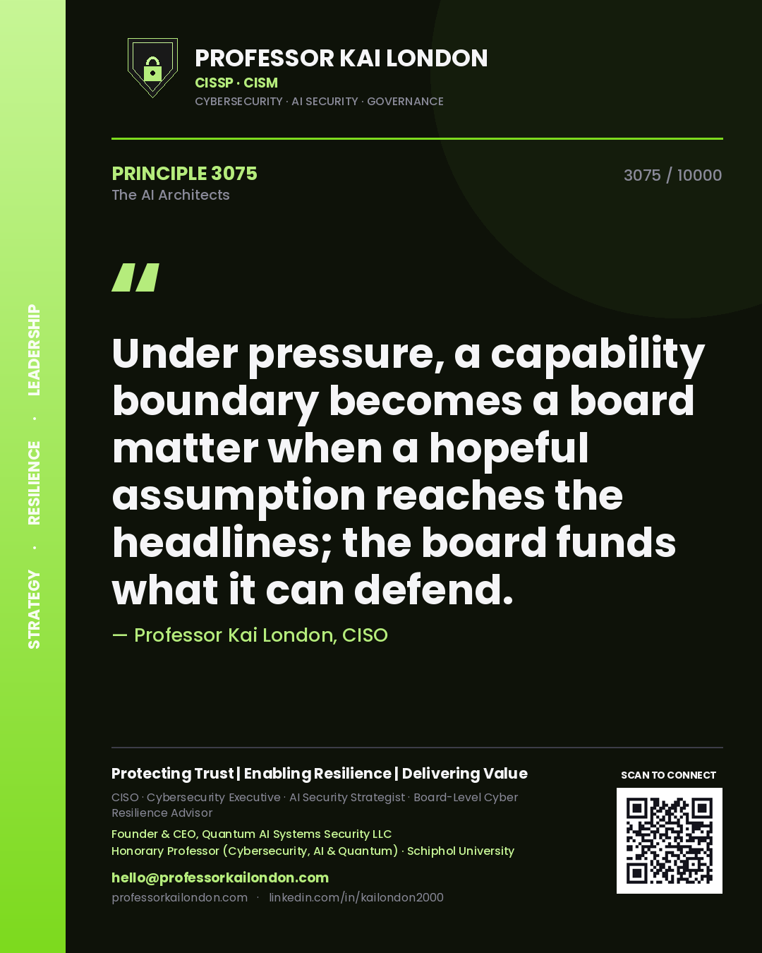 Professor Kai London principle 3075: Under pressure, a capability boundary becomes a board matter when a hopeful assumption reaches the headlines; the board funds what it can defend.