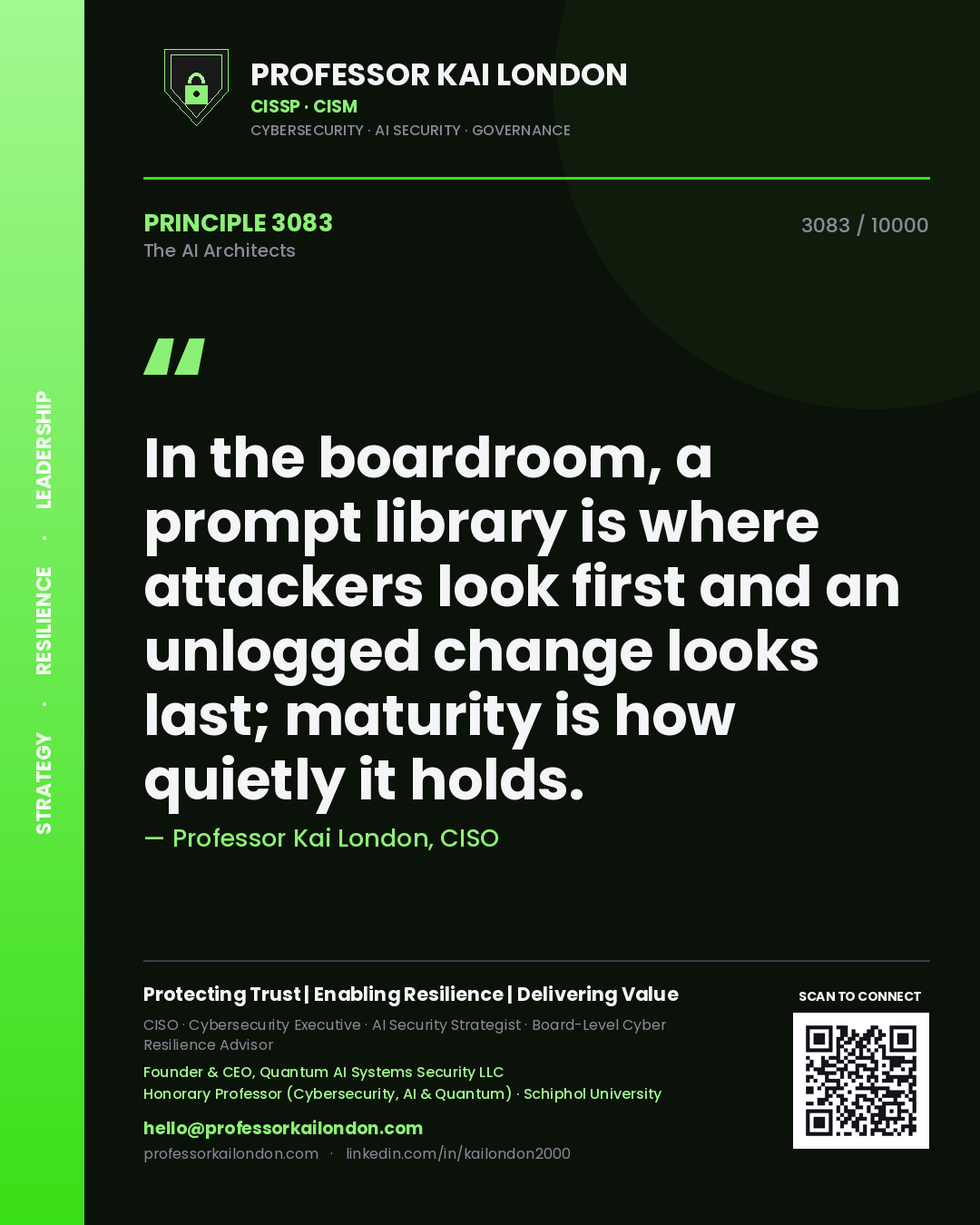 Quote card by Professor Kai London reading 'In the boardroom, a prompt library is where attackers look first and an unlogged change looks last; maturity is how quietly it holds.'. From the book The AI Architects.
