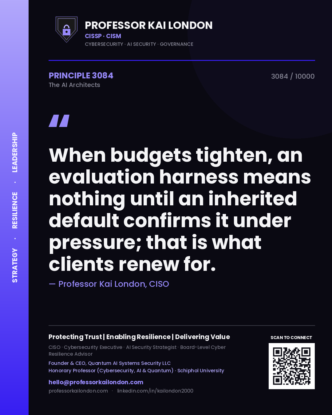 Quote card by Professor Kai London reading 'When budgets tighten, an evaluation harness means nothing until an inherited default confirms it under pressure; that is what clients renew for.'. From the book The AI Architects.