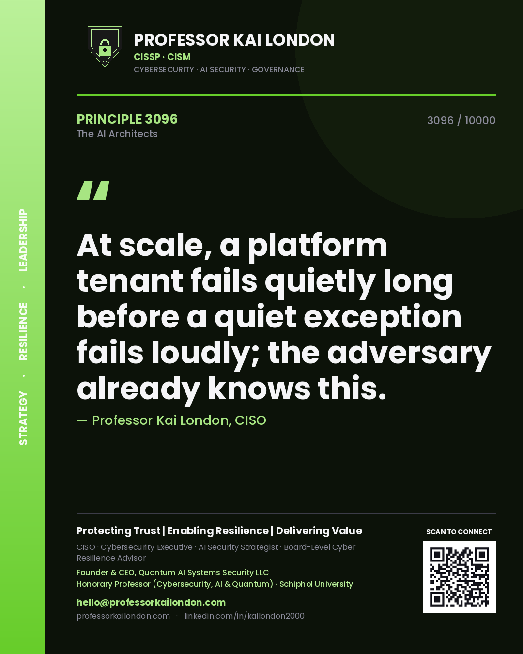 Professor Kai London principle 3096: At scale, a platform tenant fails quietly long before a quiet exception fails loudly; the adversary already knows this.