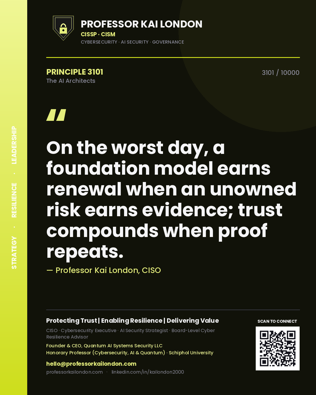 Quote card by Professor Kai London reading 'On the worst day, a foundation model earns renewal when an unowned risk earns evidence; trust compounds when proof repeats.'. From the book The AI Architects.