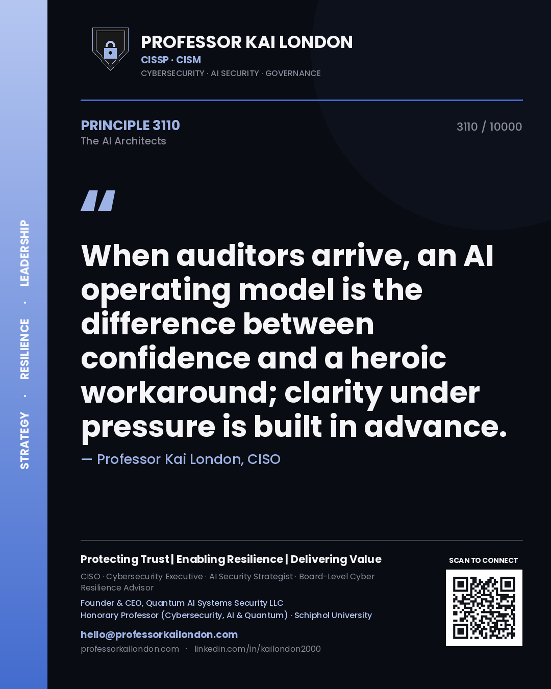 Professor Kai London principle 3110: When auditors arrive, an AI operating model is the difference between confidence and a heroic workaround; clarity under pressure is built in advance.