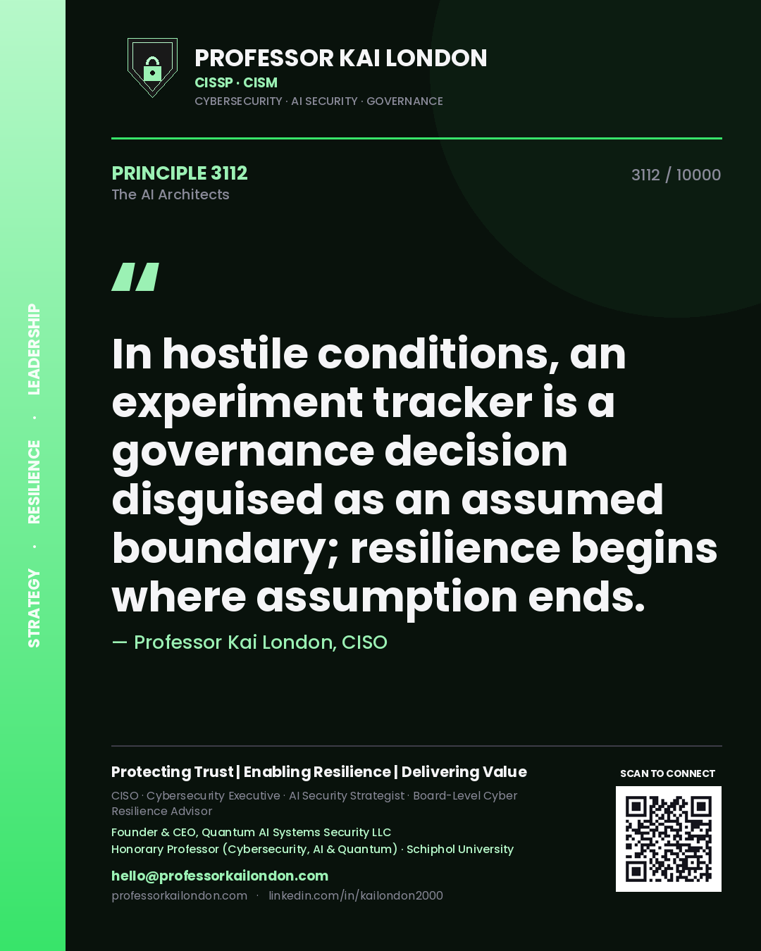 Quote card by Professor Kai London reading 'In hostile conditions, an experiment tracker is a governance decision disguised as an assumed boundary; resilience begins where assumption ends.'. From the book The AI Architects.