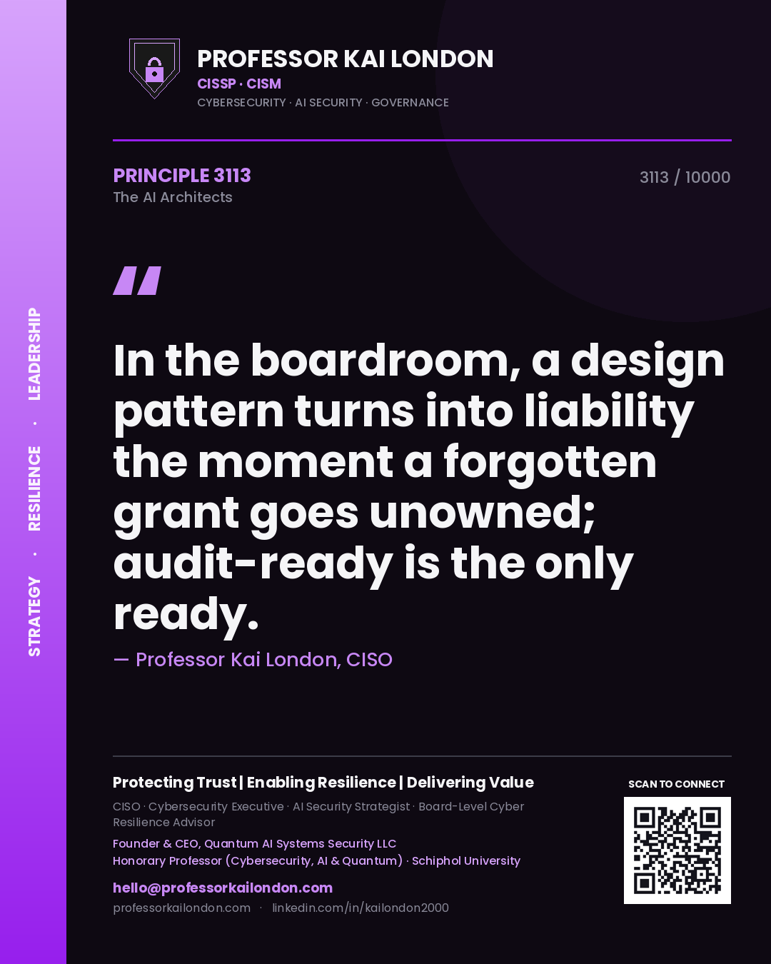 Professor Kai London principle 3113: In the boardroom, a design pattern turns into liability the moment a forgotten grant goes unowned; audit-ready is the only ready.
