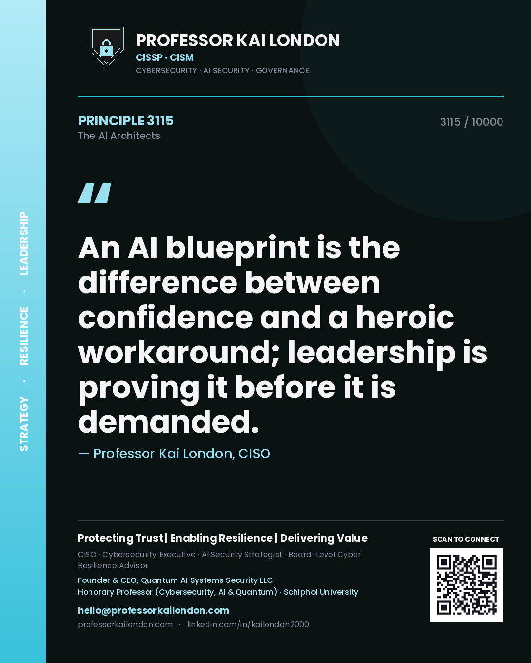 Professor Kai London principle 3115: An AI blueprint is the difference between confidence and a heroic workaround; leadership is proving it before it is demanded.