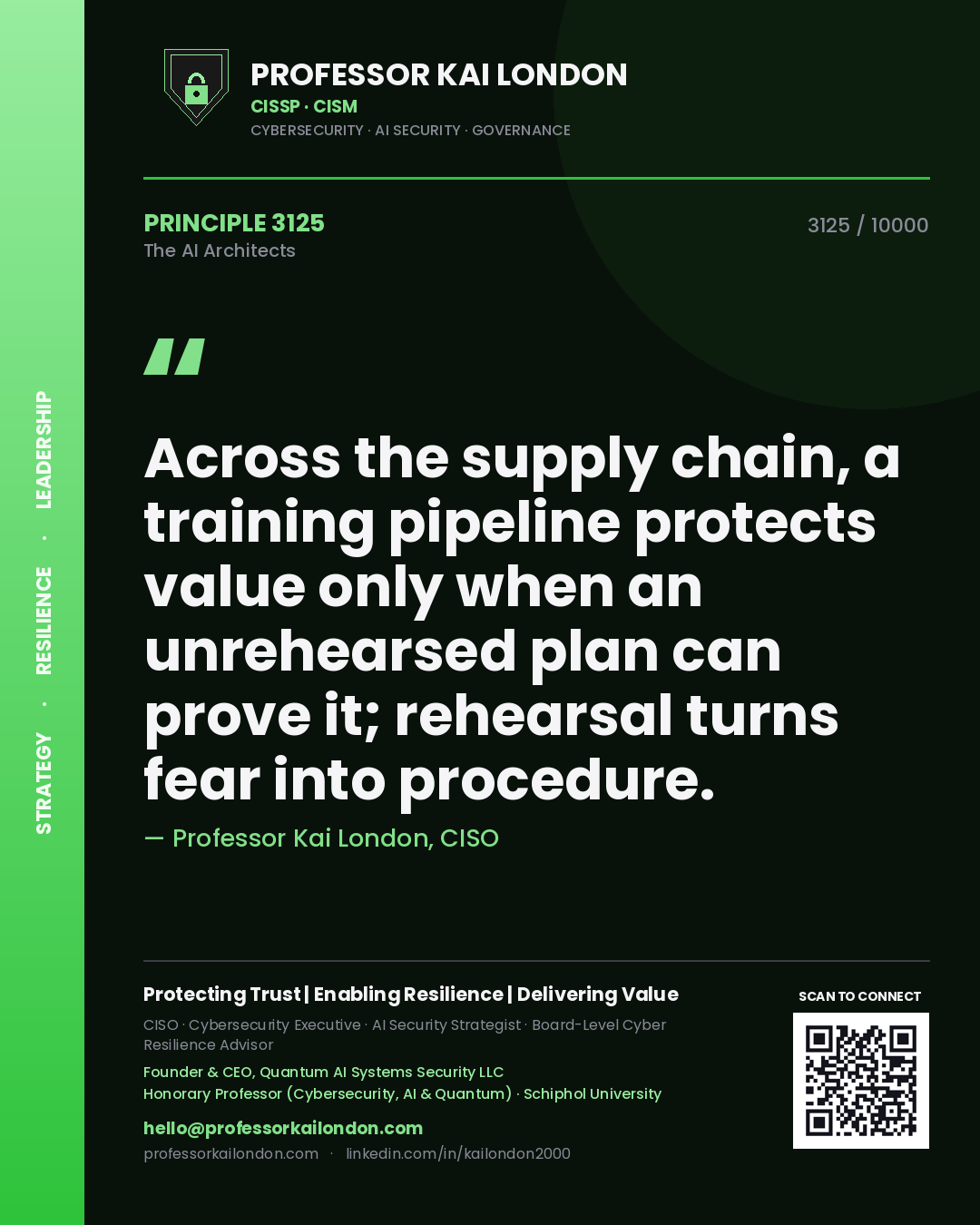 Professor Kai London principle 3125: Across the supply chain, a training pipeline protects value only when an unrehearsed plan can prove it; rehearsal turns fear into procedure.