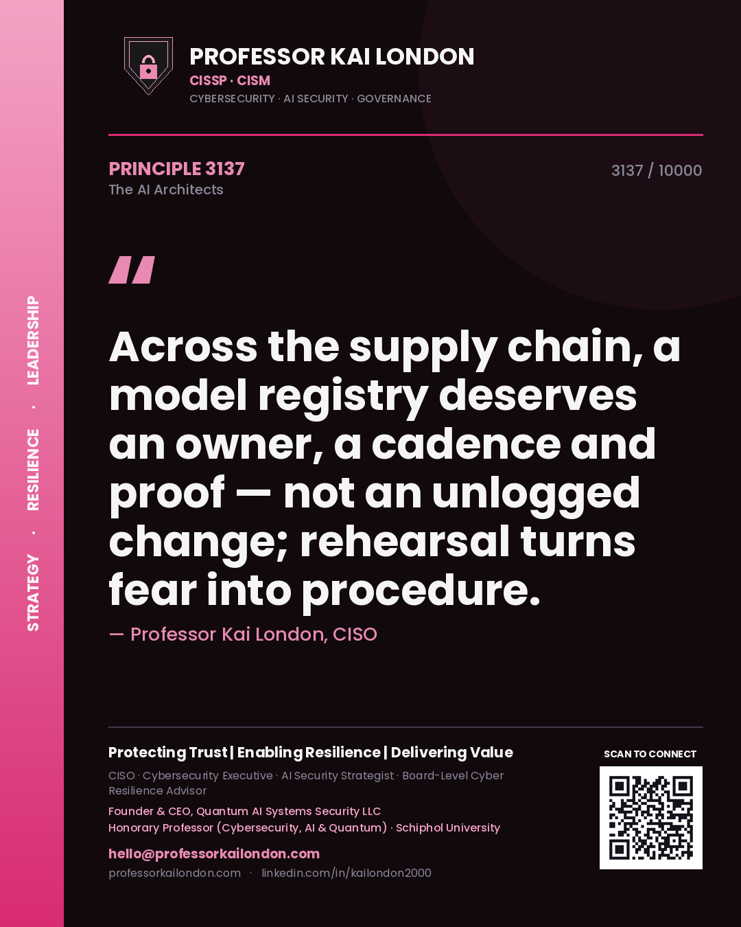 Professor Kai London principle 3137: Across the supply chain, a model registry deserves an owner, a cadence and proof — not an unlogged change; rehearsal turns fear into procedure.