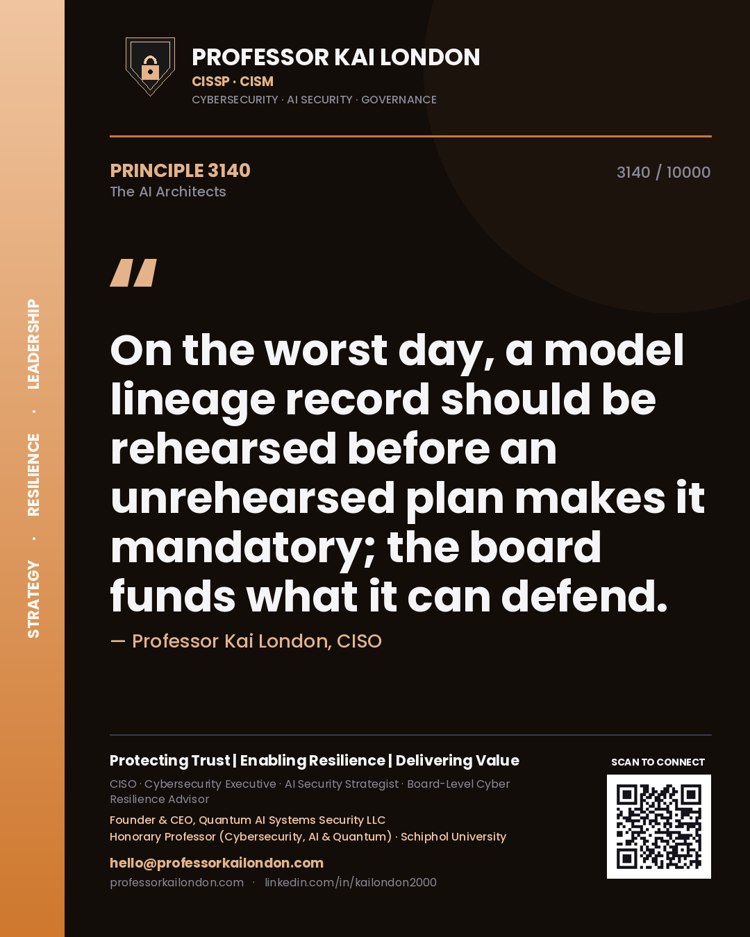 Quote card by Professor Kai London reading 'On the worst day, a model lineage record should be rehearsed before an unrehearsed plan makes it mandatory; the board funds what it can defend.'. From the book The AI Architects.