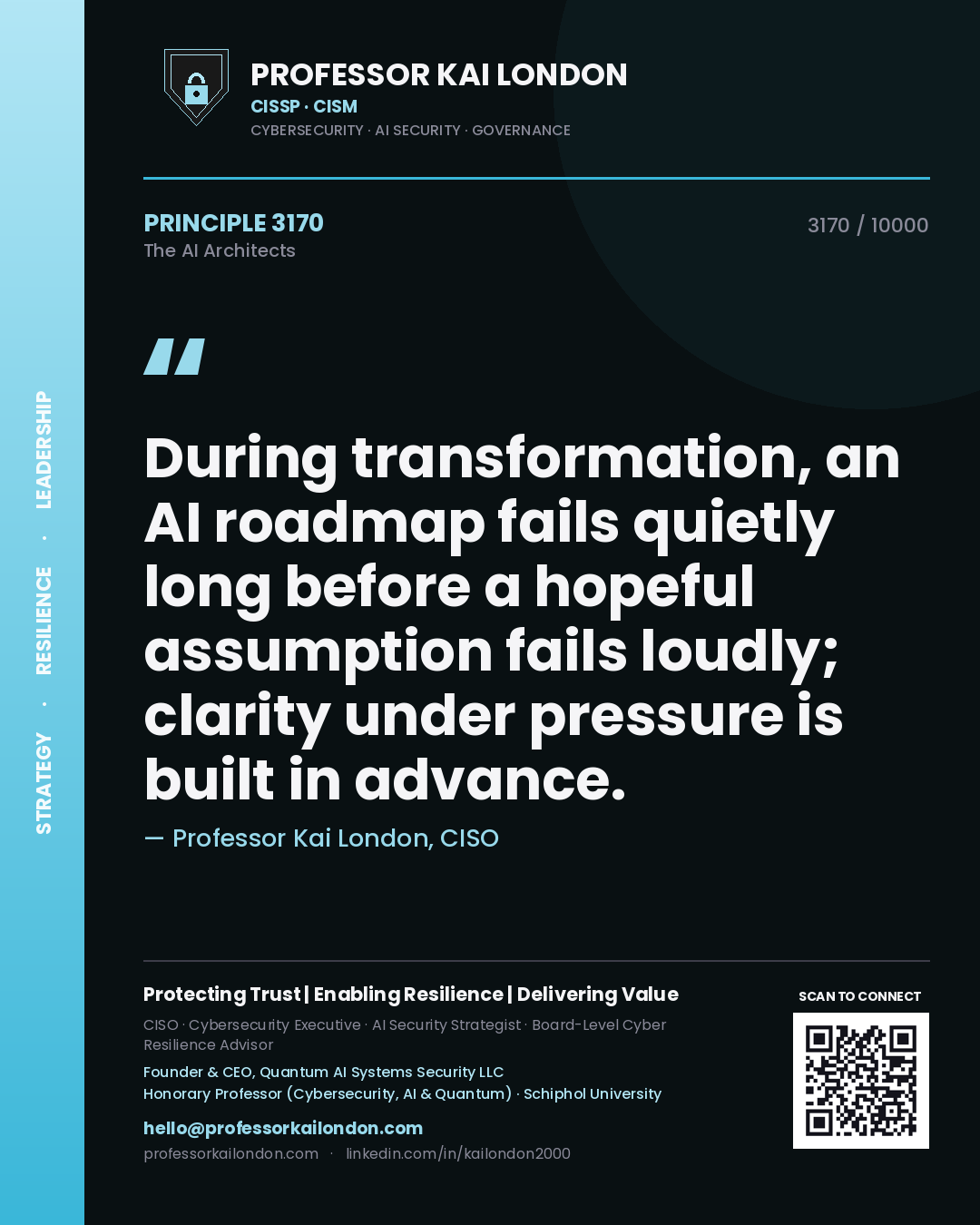 Quote card by Professor Kai London reading 'During transformation, an AI roadmap fails quietly long before a hopeful assumption fails loudly; clarity under pressure is built in advance.'. From the book The AI Architects.