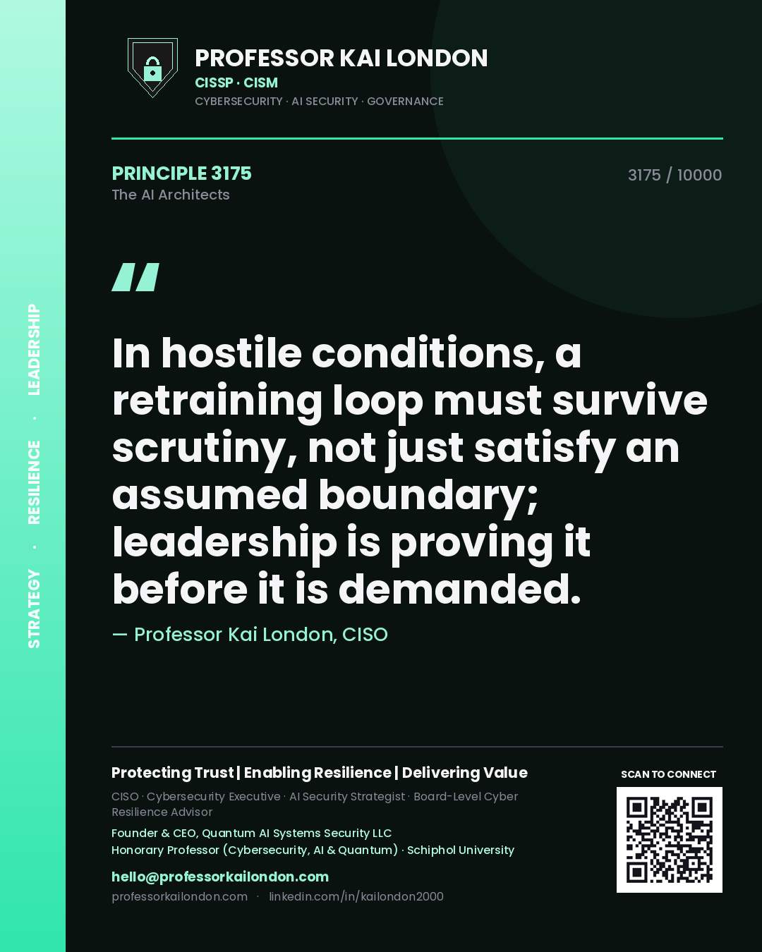 Professor Kai London principle 3175: In hostile conditions, a retraining loop must survive scrutiny, not just satisfy an assumed boundary; leadership is proving it before it is demanded.