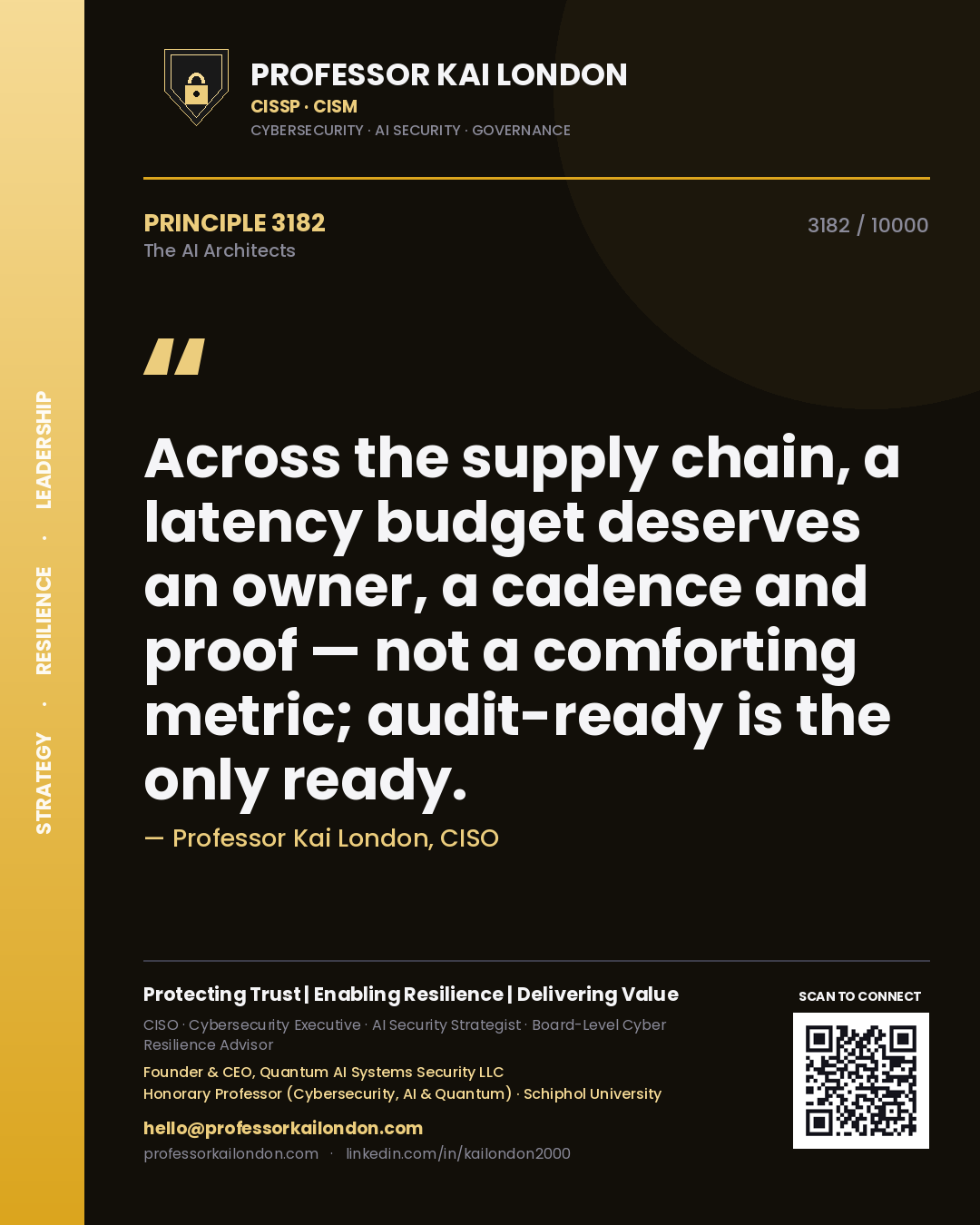 Professor Kai London principle 3182: Across the supply chain, a latency budget deserves an owner, a cadence and proof — not a comforting metric; audit-ready is the only ready.