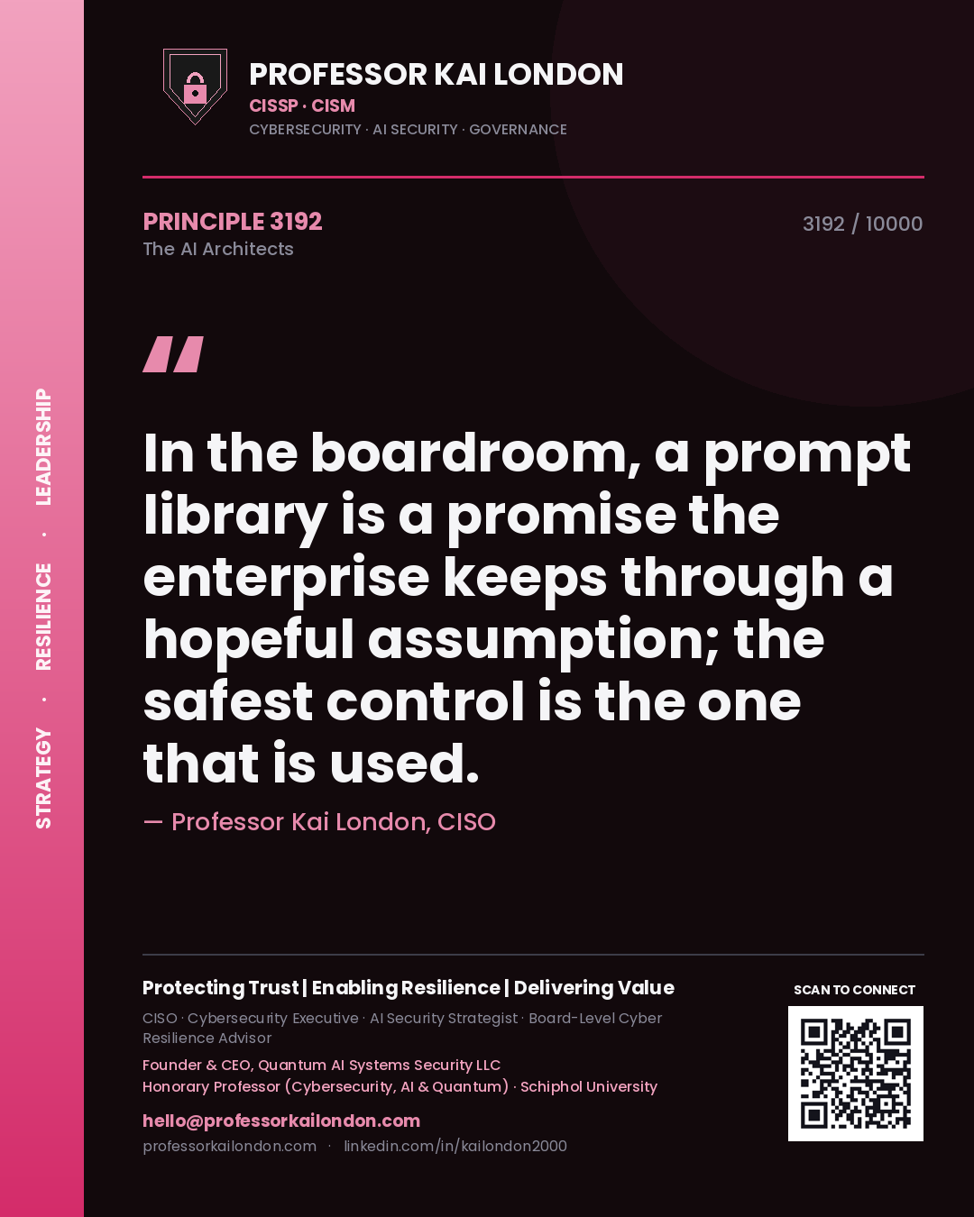 Quote card by Professor Kai London reading 'In the boardroom, a prompt library is a promise the enterprise keeps through a hopeful assumption; the safest control is the one that is used.'. From the book The AI Architects.