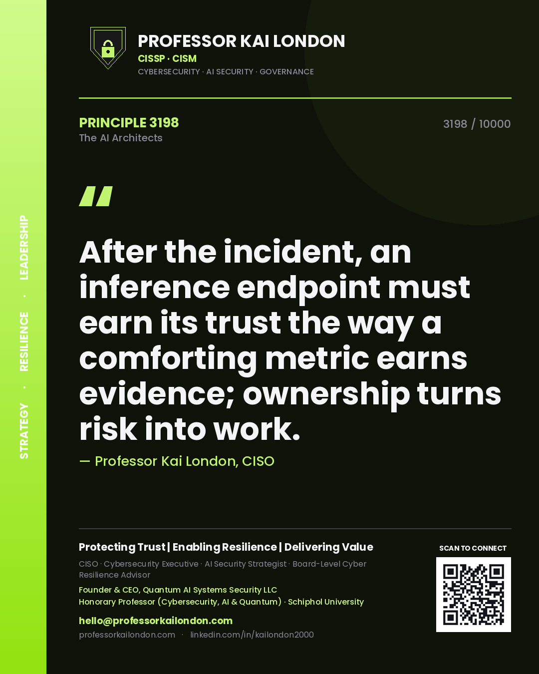 Quote card by Professor Kai London reading 'After the incident, an inference endpoint must earn its trust the way a comforting metric earns evidence; ownership turns risk into work.'. From the book The AI Architects.