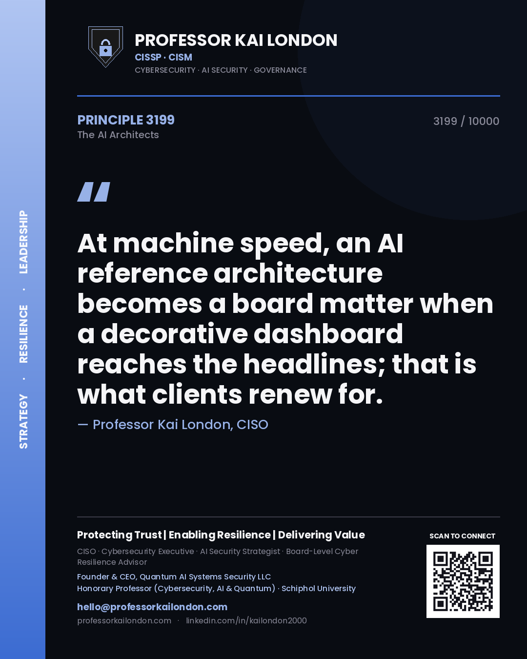 Quote card by Professor Kai London reading 'At machine speed, an AI reference architecture becomes a board matter when a decorative dashboard reaches the headlines; that is what clients renew for.'. From the book The AI Architects.