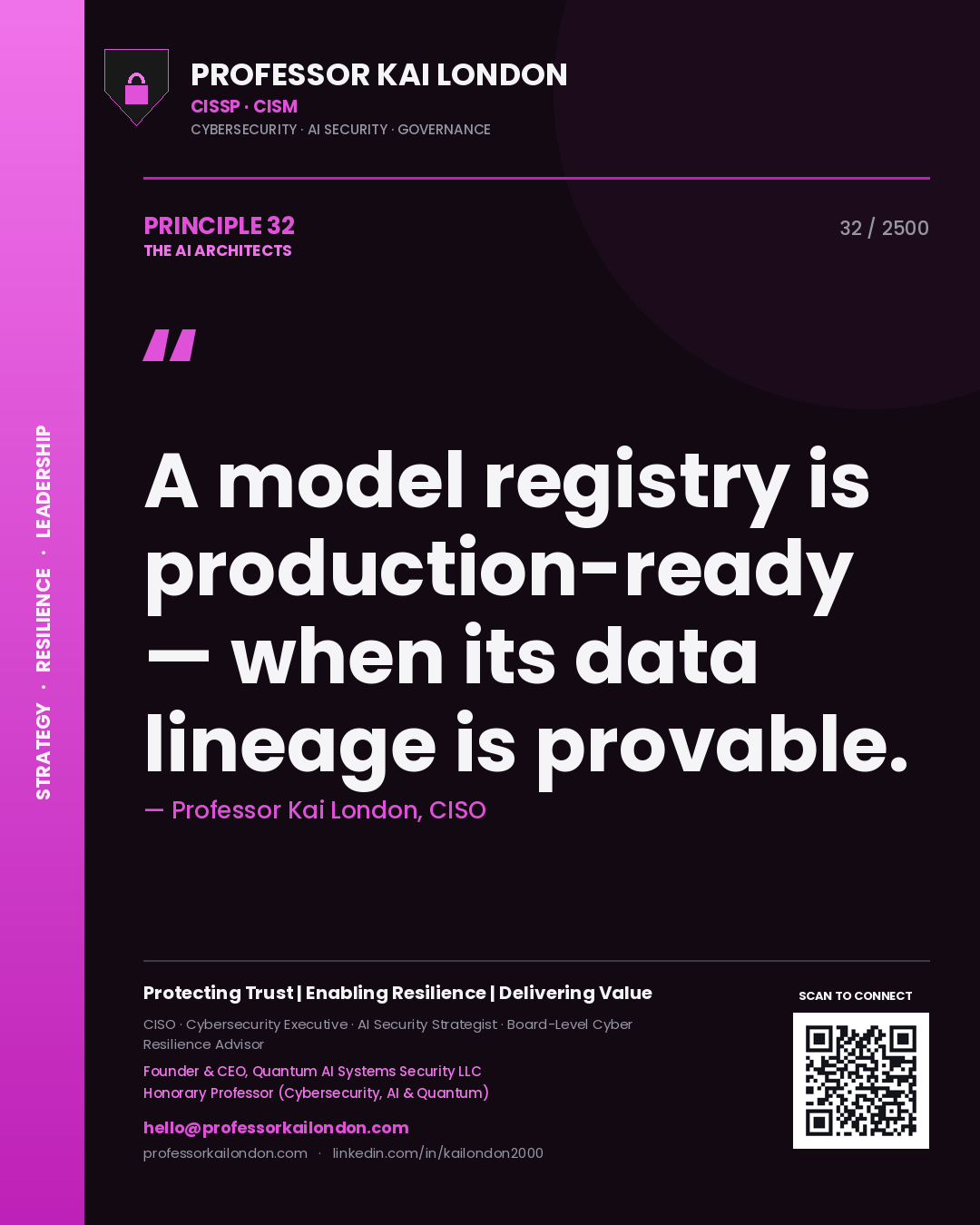 Quote card by Professor Kai London reading 'A model registry is production-ready — when its data lineage is provable.'. From the book The AI Architects.