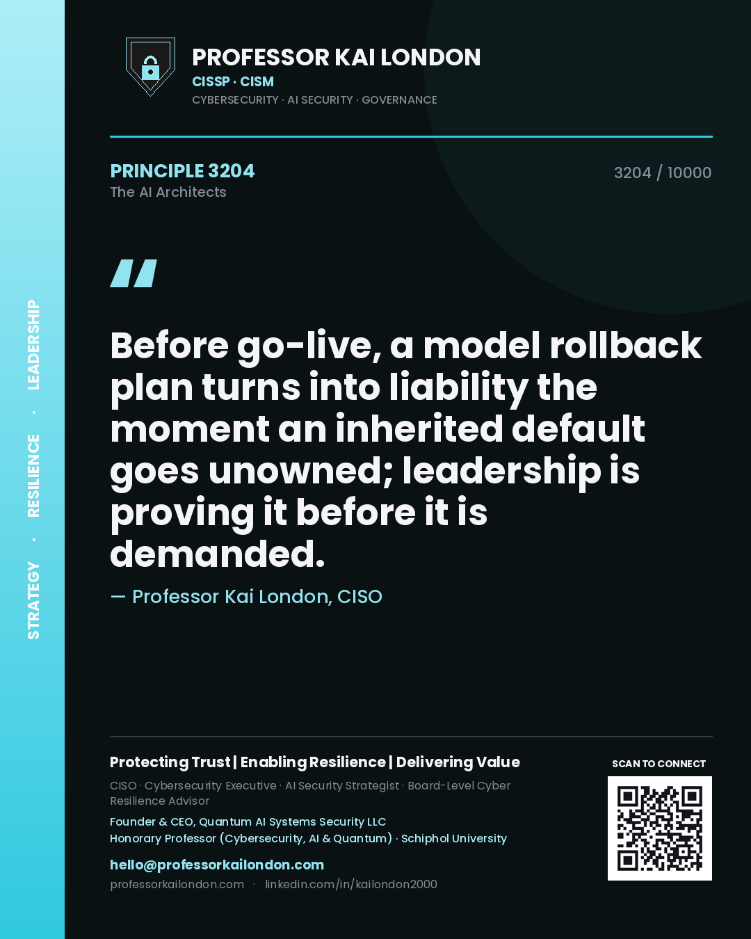 Quote card by Professor Kai London reading 'Before go-live, a model rollback plan turns into liability the moment an inherited default goes unowned; leadership is proving it before it is demanded.'. From the book The AI Architects.