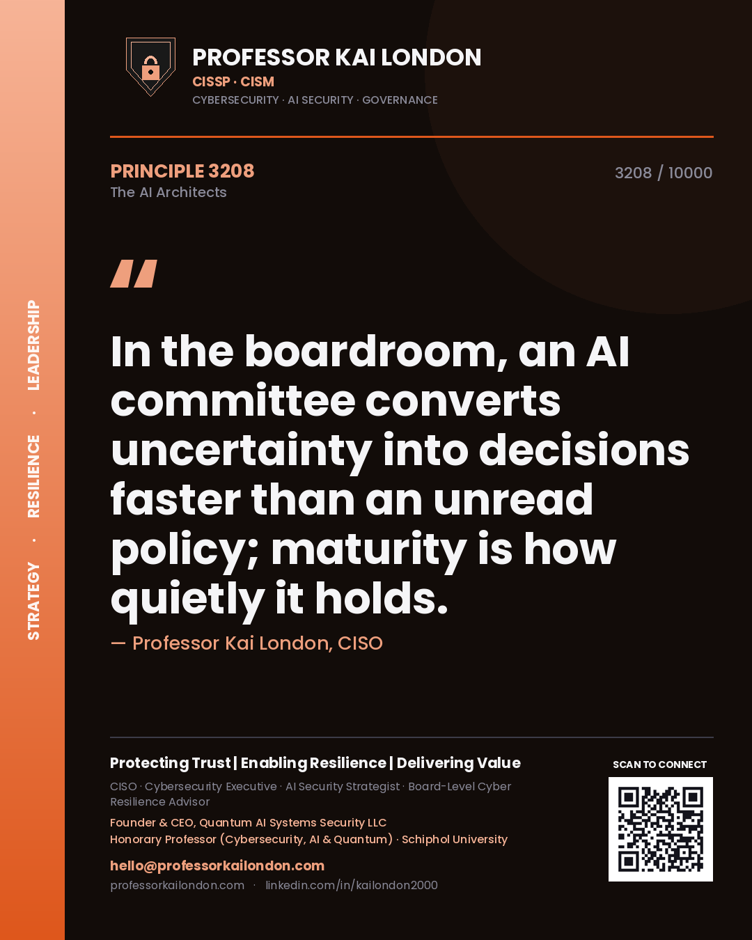 Quote card by Professor Kai London reading 'In the boardroom, an AI committee converts uncertainty into decisions faster than an unread policy; maturity is how quietly it holds.'. From the book The AI Architects.