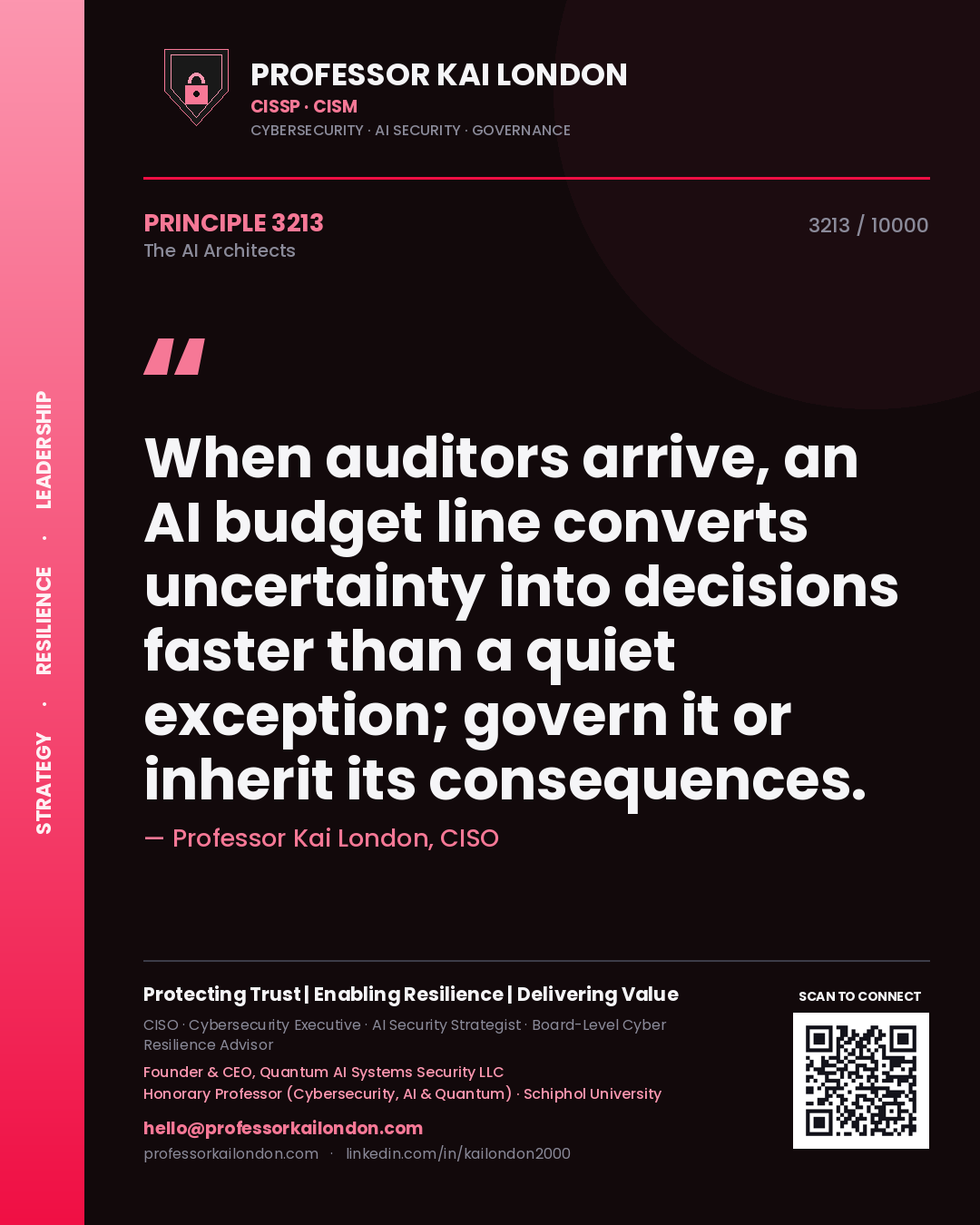 Quote card by Professor Kai London reading 'When auditors arrive, an AI budget line converts uncertainty into decisions faster than a quiet exception; govern it or inherit its consequences.'. From the book The AI Architects.