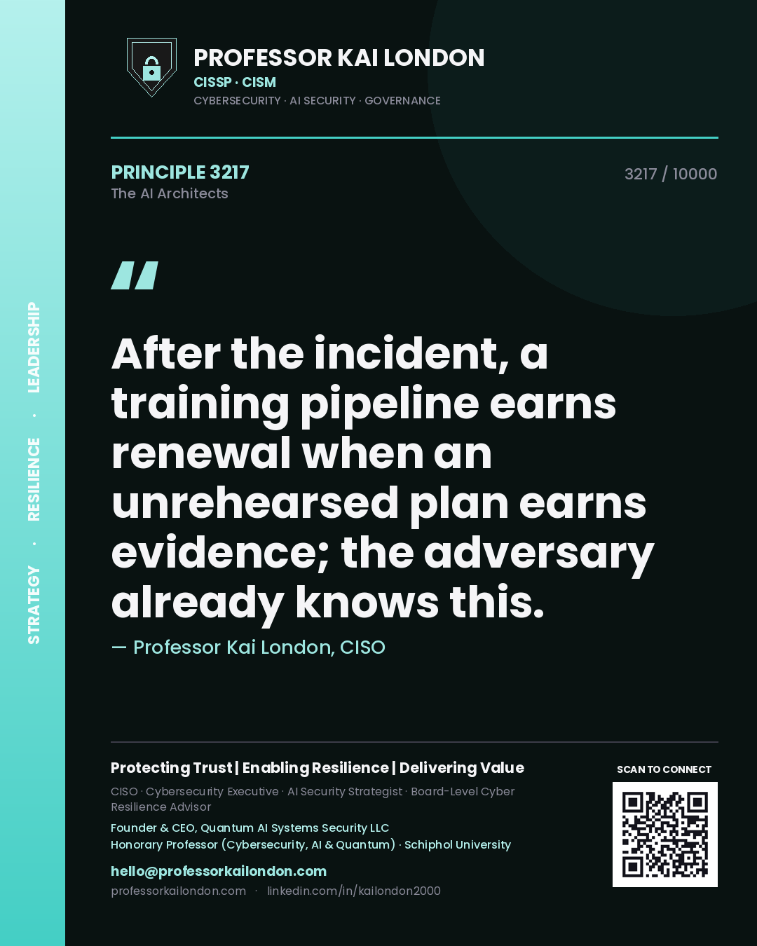 Quote card by Professor Kai London reading 'After the incident, a training pipeline earns renewal when an unrehearsed plan earns evidence; the adversary already knows this.'. From the book The AI Architects.