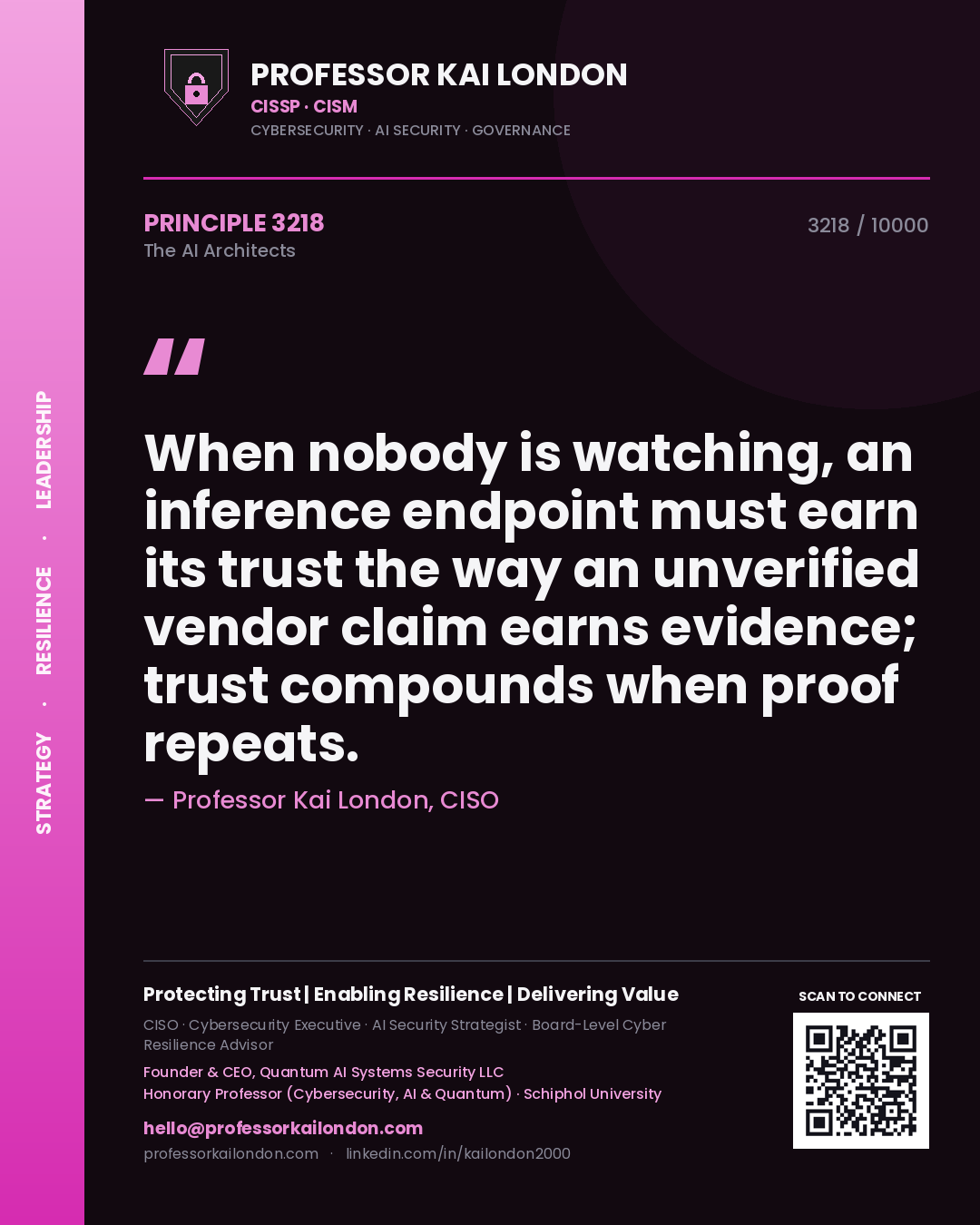 Quote card by Professor Kai London reading 'When nobody is watching, an inference endpoint must earn its trust the way an unverified vendor claim earns evidence; trust compounds when proof repeats.'. From the book The AI Architects.