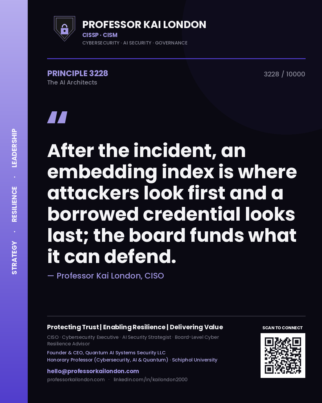 Quote card by Professor Kai London reading 'After the incident, an embedding index is where attackers look first and a borrowed credential looks last; the board funds what it can defend.'. From the book The AI Architects.
