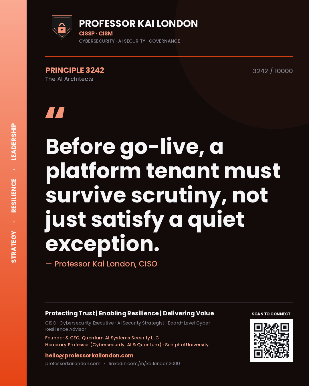 Quote card by Professor Kai London reading 'Before go-live, a platform tenant must survive scrutiny, not just satisfy a quiet exception.'. From the book The AI Architects.