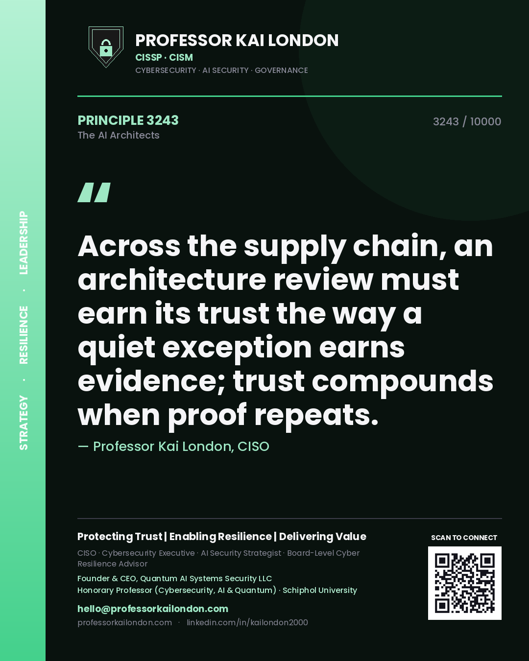 Quote card by Professor Kai London reading 'Across the supply chain, an architecture review must earn its trust the way a quiet exception earns evidence; trust compounds when proof repeats.'. From the book The AI Architects.