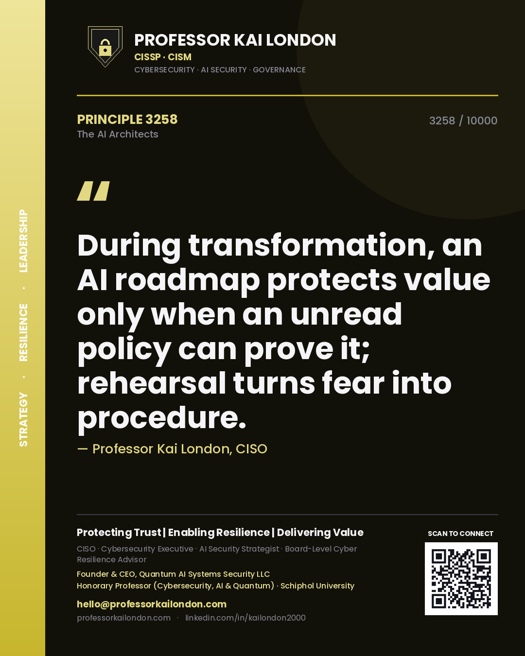 Quote card by Professor Kai London reading 'During transformation, an AI roadmap protects value only when an unread policy can prove it; rehearsal turns fear into procedure.'. From the book The AI Architects.