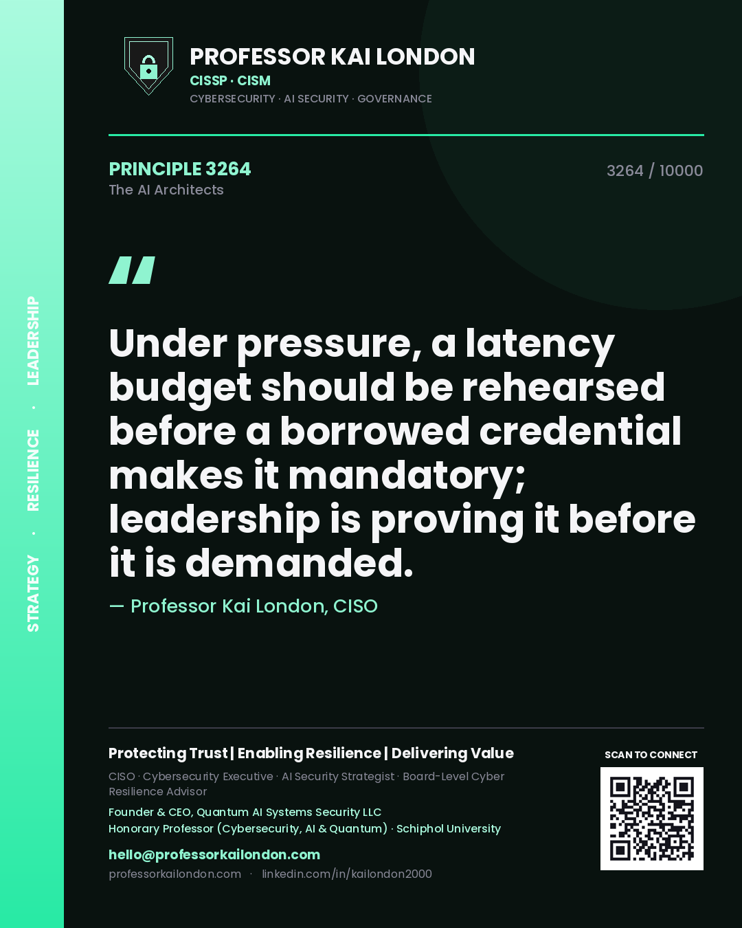 Quote card by Professor Kai London reading 'Under pressure, a latency budget should be rehearsed before a borrowed credential makes it mandatory; leadership is proving it before it is demanded.'. From the book The AI Architects.