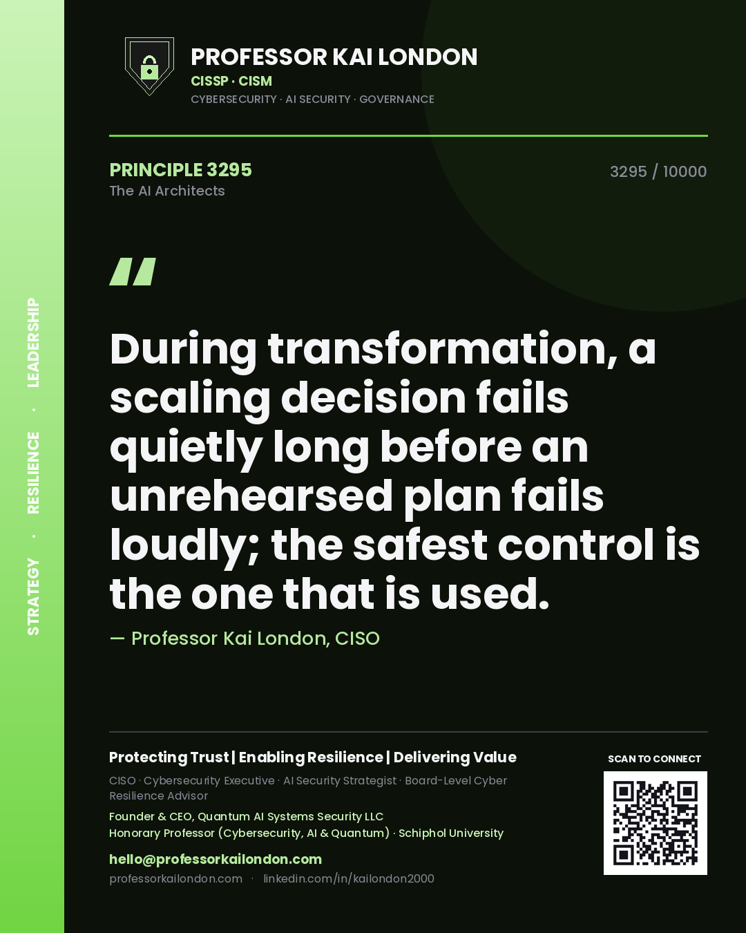Professor Kai London principle 3295: During transformation, a scaling decision fails quietly long before an unrehearsed plan fails loudly; the safest control is the one that is used.