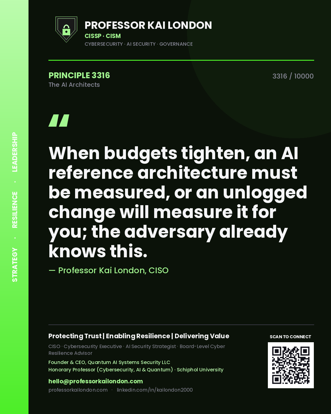 Quote card by Professor Kai London reading 'When budgets tighten, an AI reference architecture must be measured, or an unlogged change will measure it for you; the adversary already knows this.'. From the book The AI Architects.