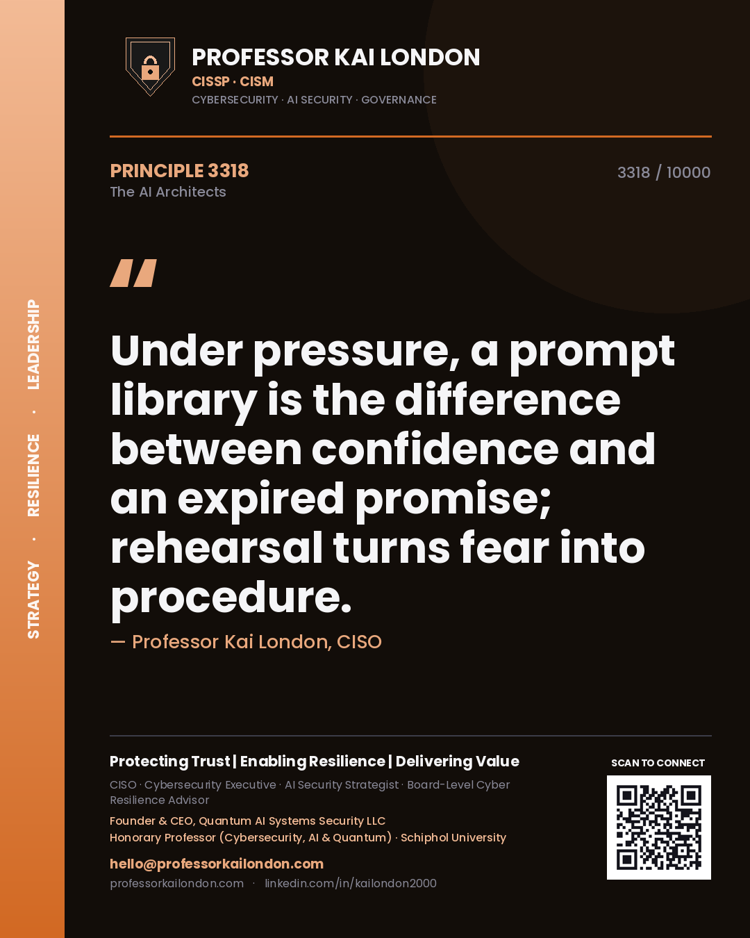 Quote card by Professor Kai London reading 'Under pressure, a prompt library is the difference between confidence and an expired promise; rehearsal turns fear into procedure.'. From the book The AI Architects.