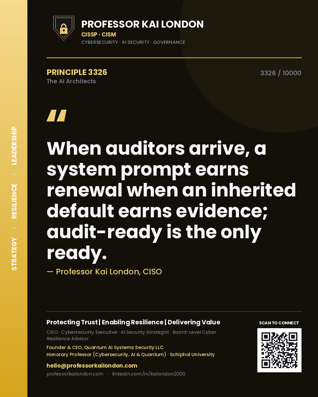 Professor Kai London principle 3326: When auditors arrive, a system prompt earns renewal when an inherited default earns evidence; audit-ready is the only ready.